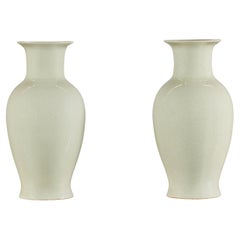 Pair of Tall Cream Crackle Glazed Vases with Subtle Flared Rims