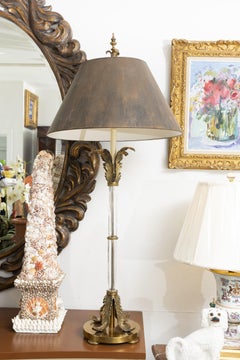 Pair of Tall Crystal & Brass Lamps with Brown Shades