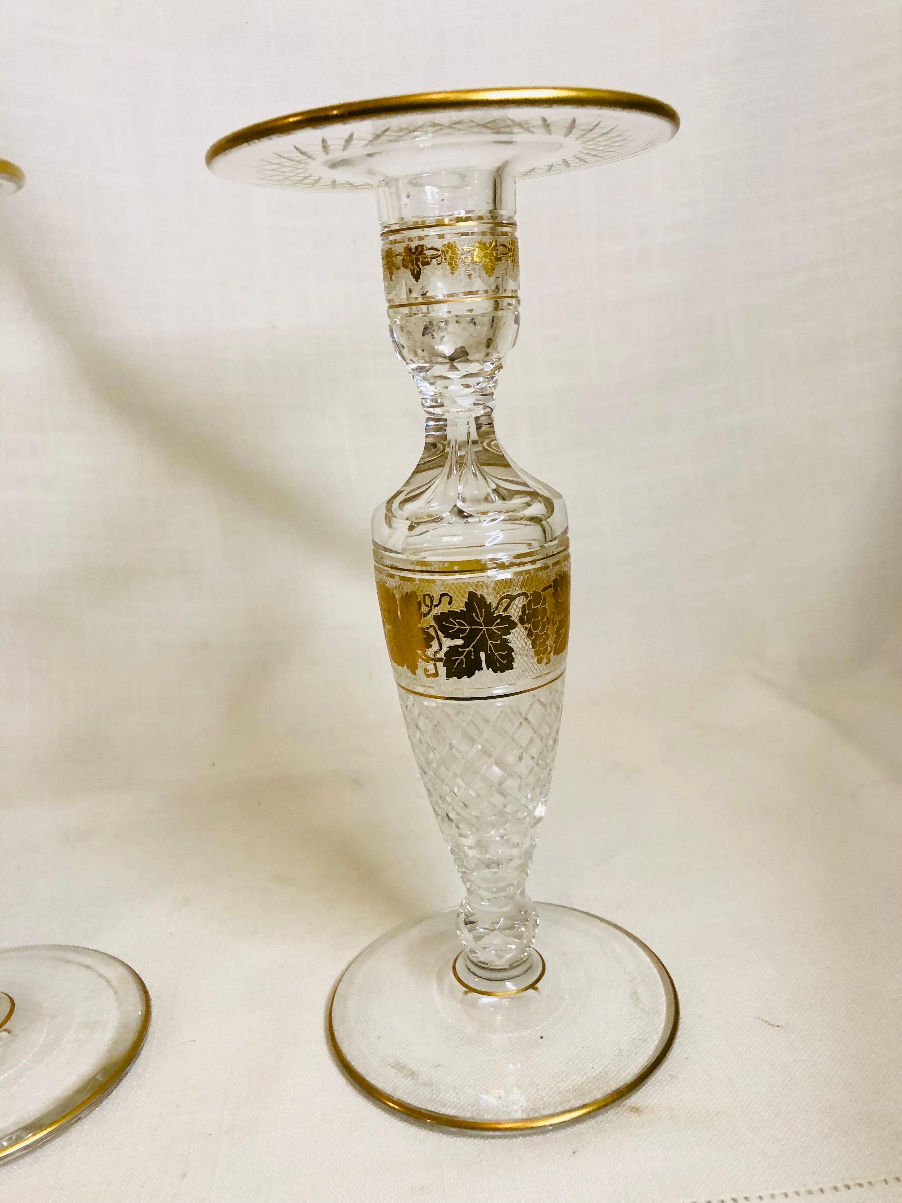 Crystal Pair of Tall Cut Val St Lambert Candlesticks with Gilt Decoration of Grapevines