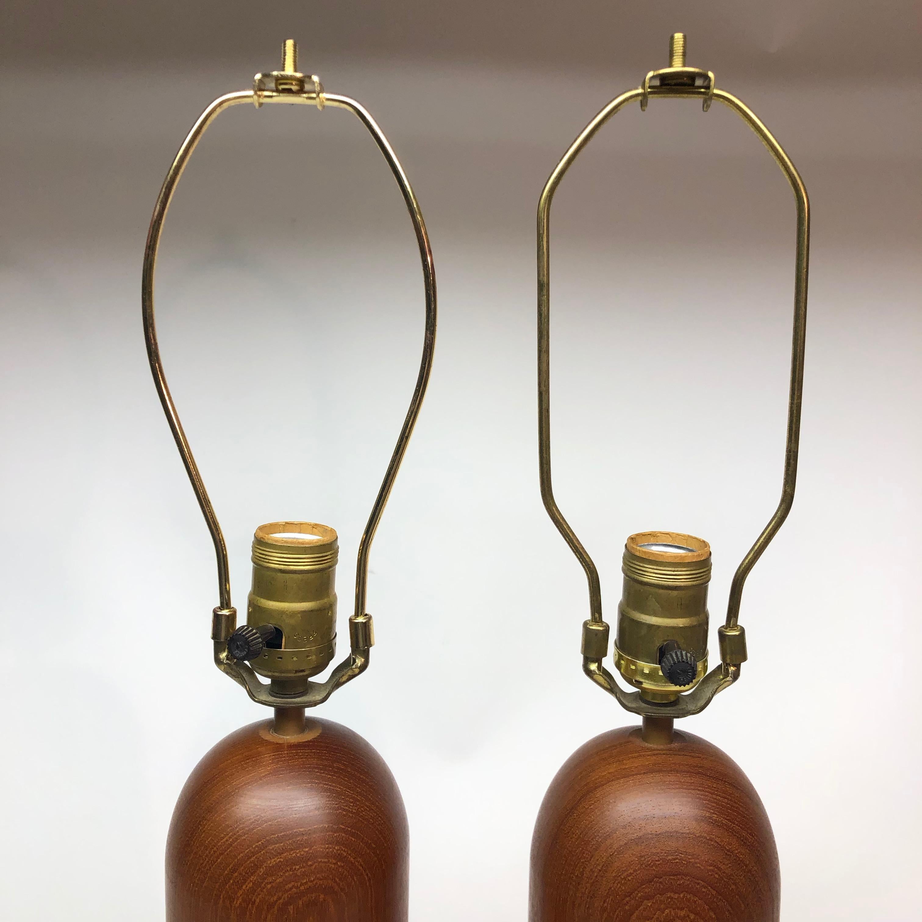 Pair of Tall Cylindrical Teak Lamps In Good Condition In East Hampton, NY