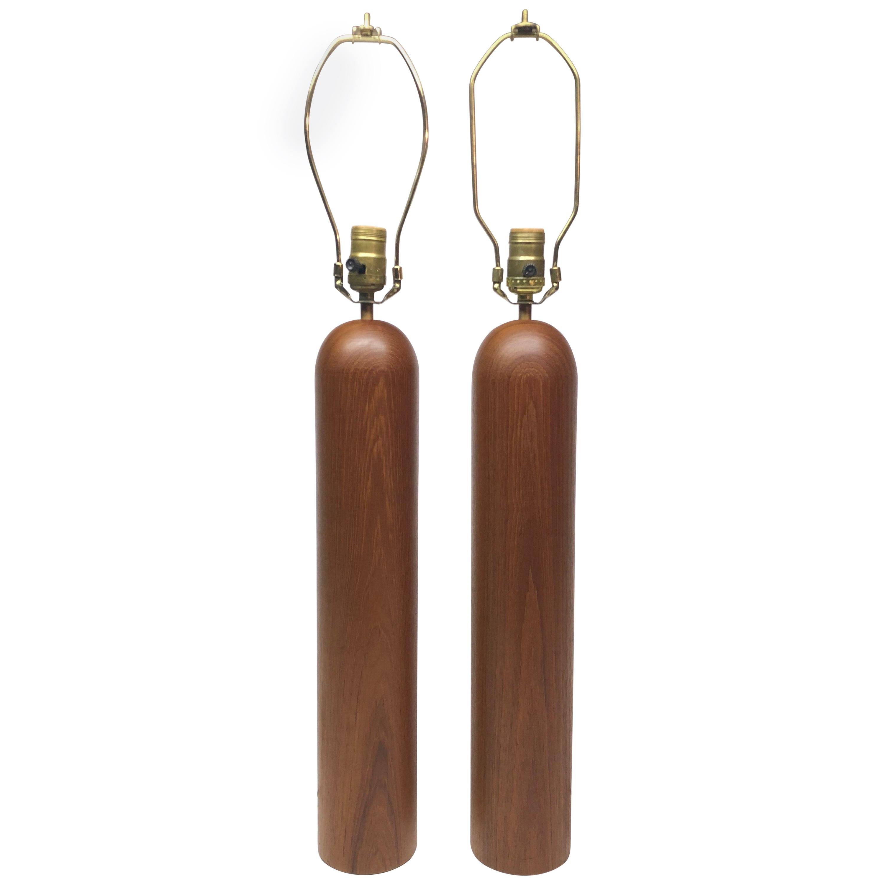 Pair of Tall Cylindrical Teak Lamps