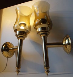 Scandinavian Modern Torch Wall Sconces in Brass and Smoke Glass