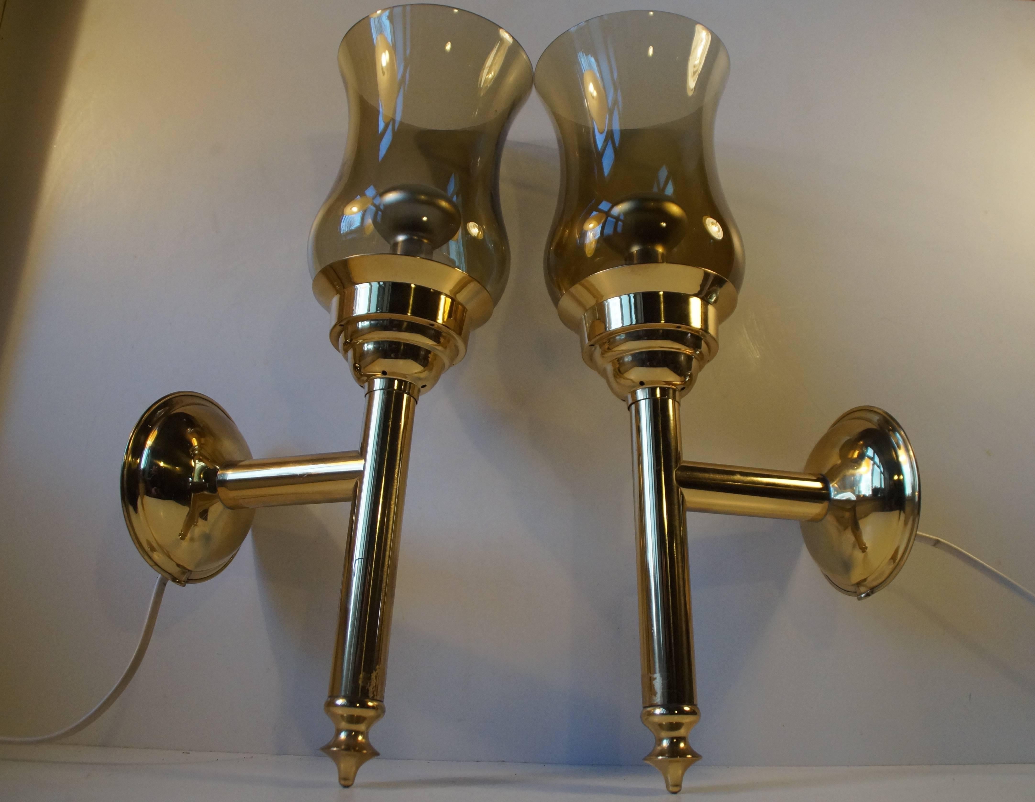 Mid-Century Modern Scandinavian Modern Torch Wall Sconces in Brass and Smoke Glass For Sale