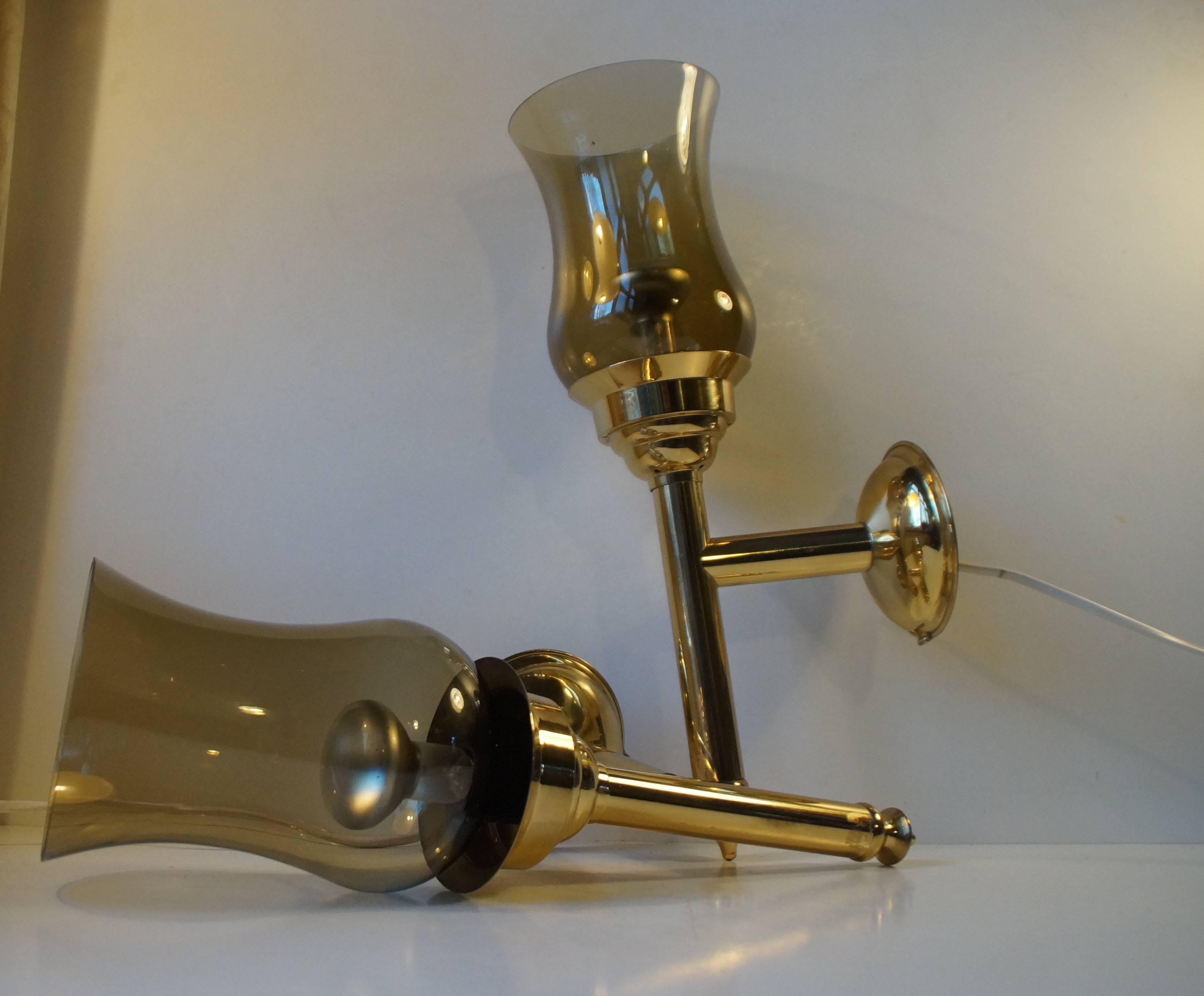 Danish Scandinavian Modern Torch Wall Sconces in Brass and Smoke Glass For Sale
