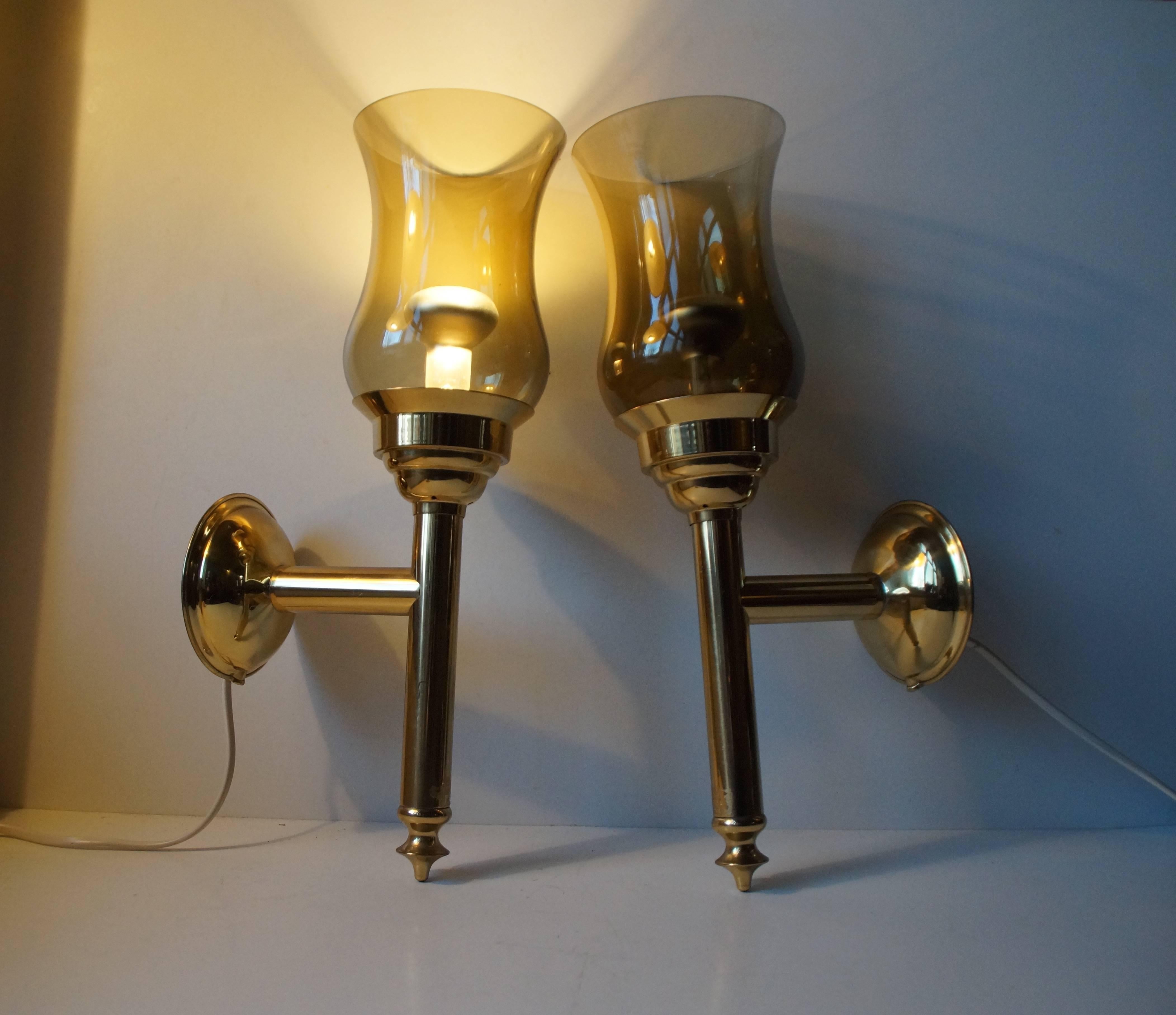 Polished Scandinavian Modern Torch Wall Sconces in Brass and Smoke Glass For Sale