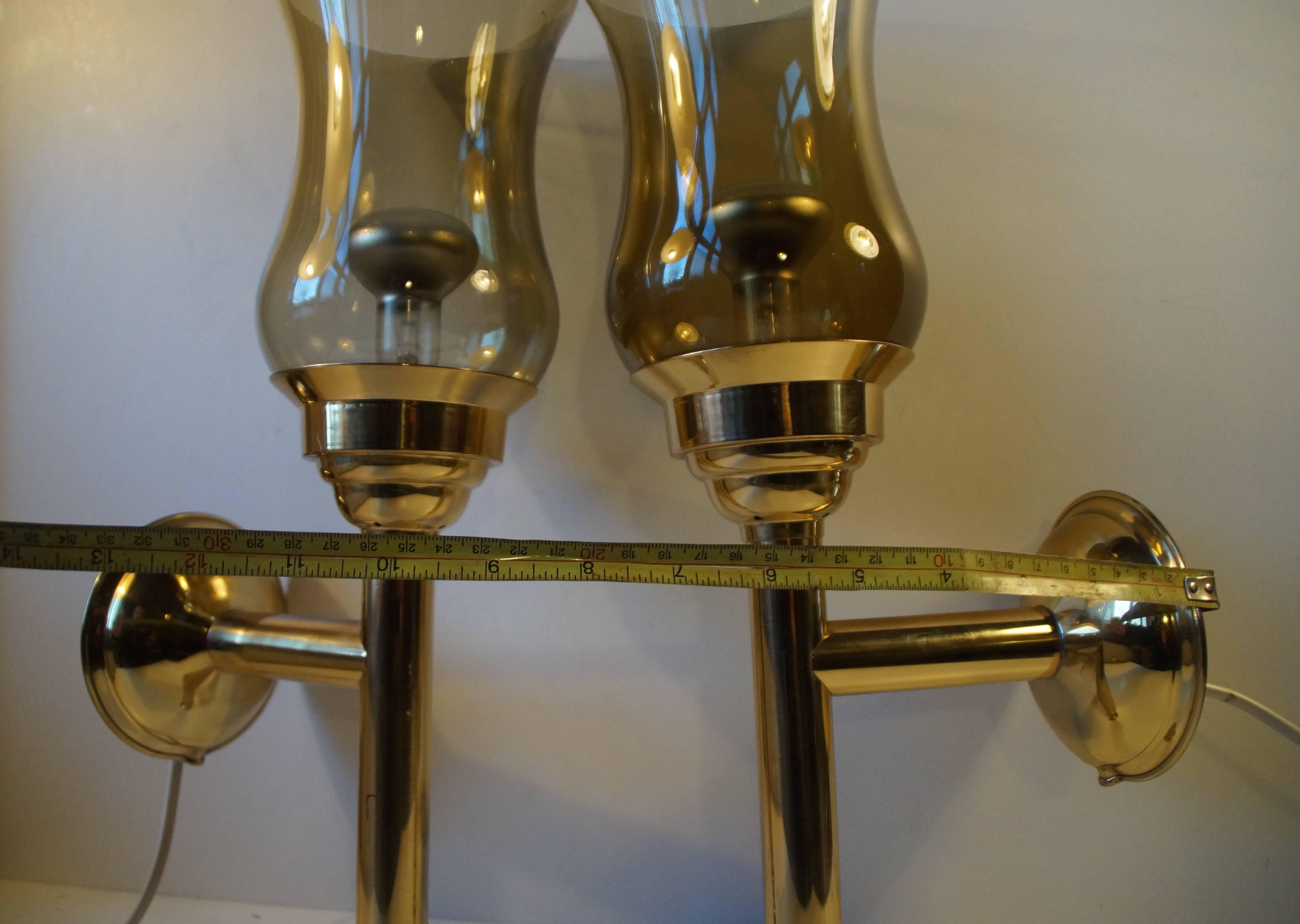Scandinavian Modern Torch Wall Sconces in Brass and Smoke Glass In Good Condition For Sale In Esbjerg, DK