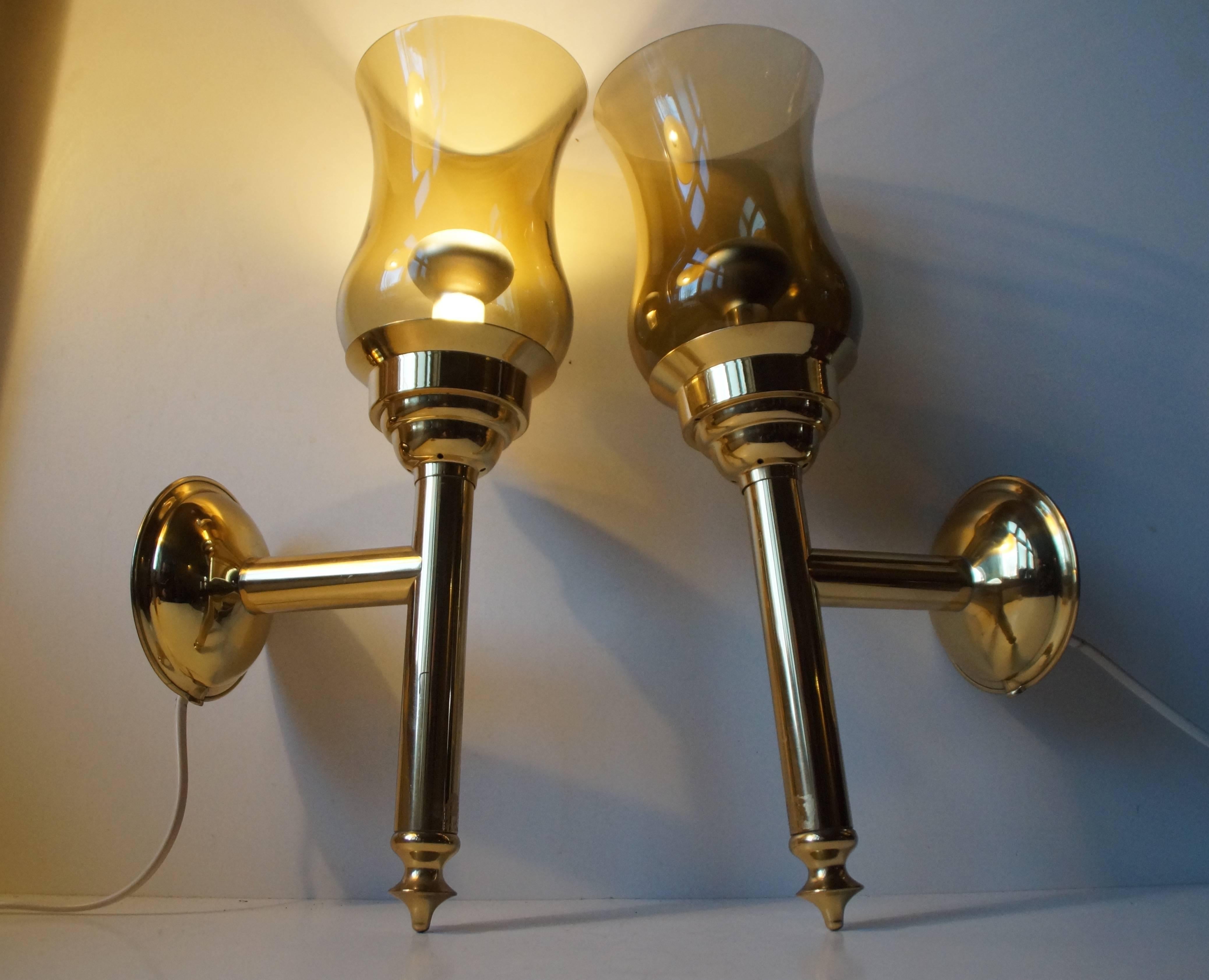 Late 20th Century Scandinavian Modern Torch Wall Sconces in Brass and Smoke Glass For Sale