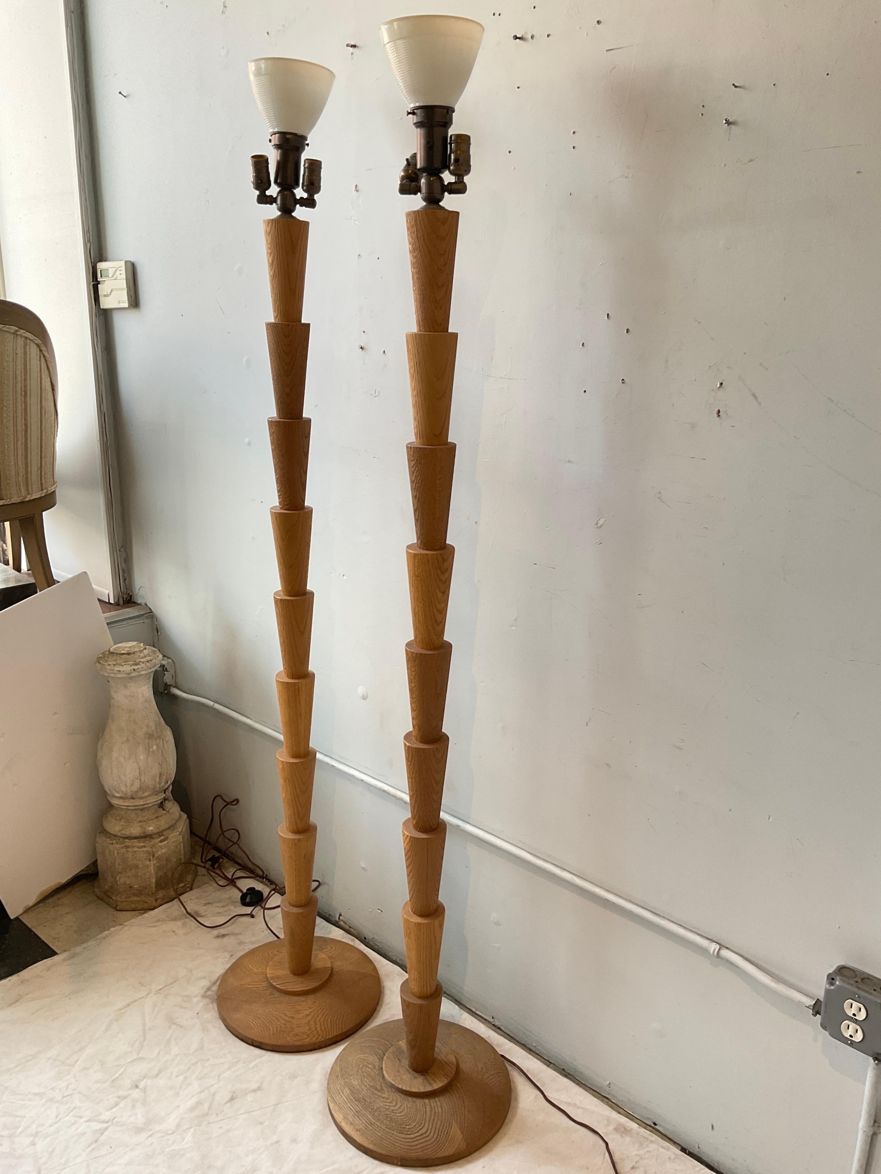 Pair Of Tall Deco Style Wood Floor Lamps In Good Condition For Sale In Tarrytown, NY