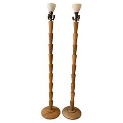 Used Pair Of Tall Deco Style Wood Floor Lamps