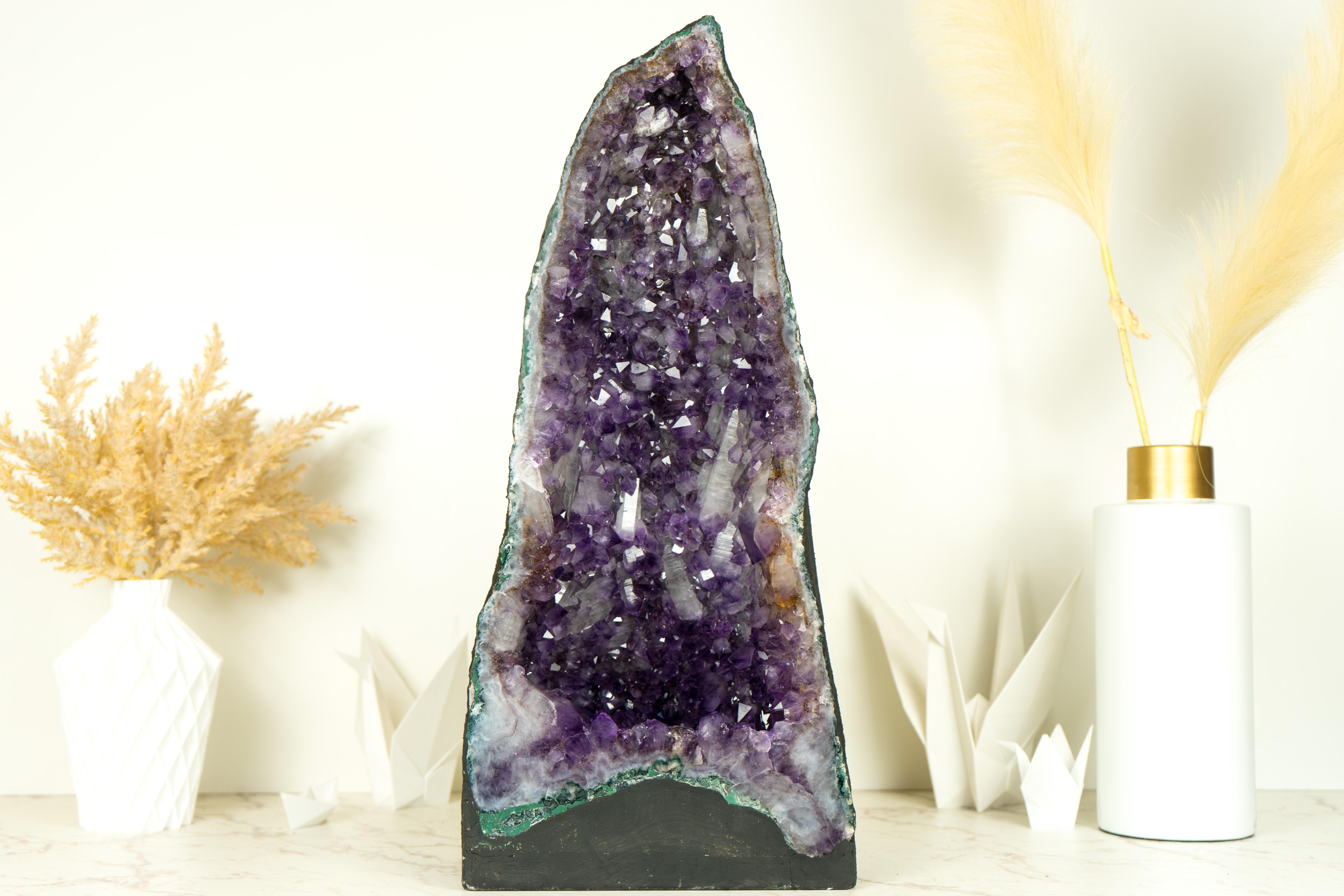 Brazilian Pair of Tall Deep Purple Amethyst Crystal Geode Cathedrals, with Rare Druzy For Sale