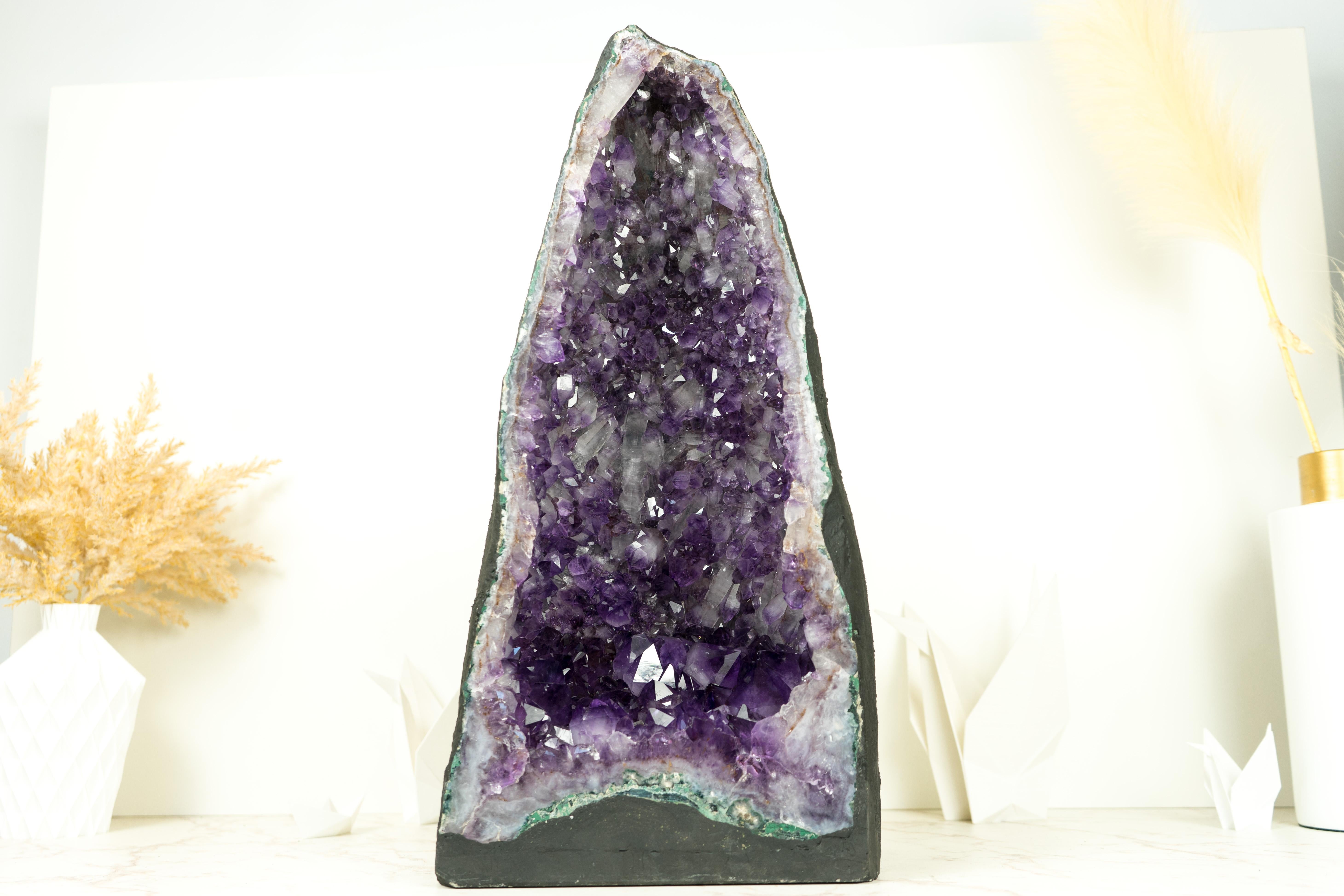 Contemporary Pair of Tall Deep Purple Amethyst Crystal Geode Cathedrals, with Rare Druzy For Sale