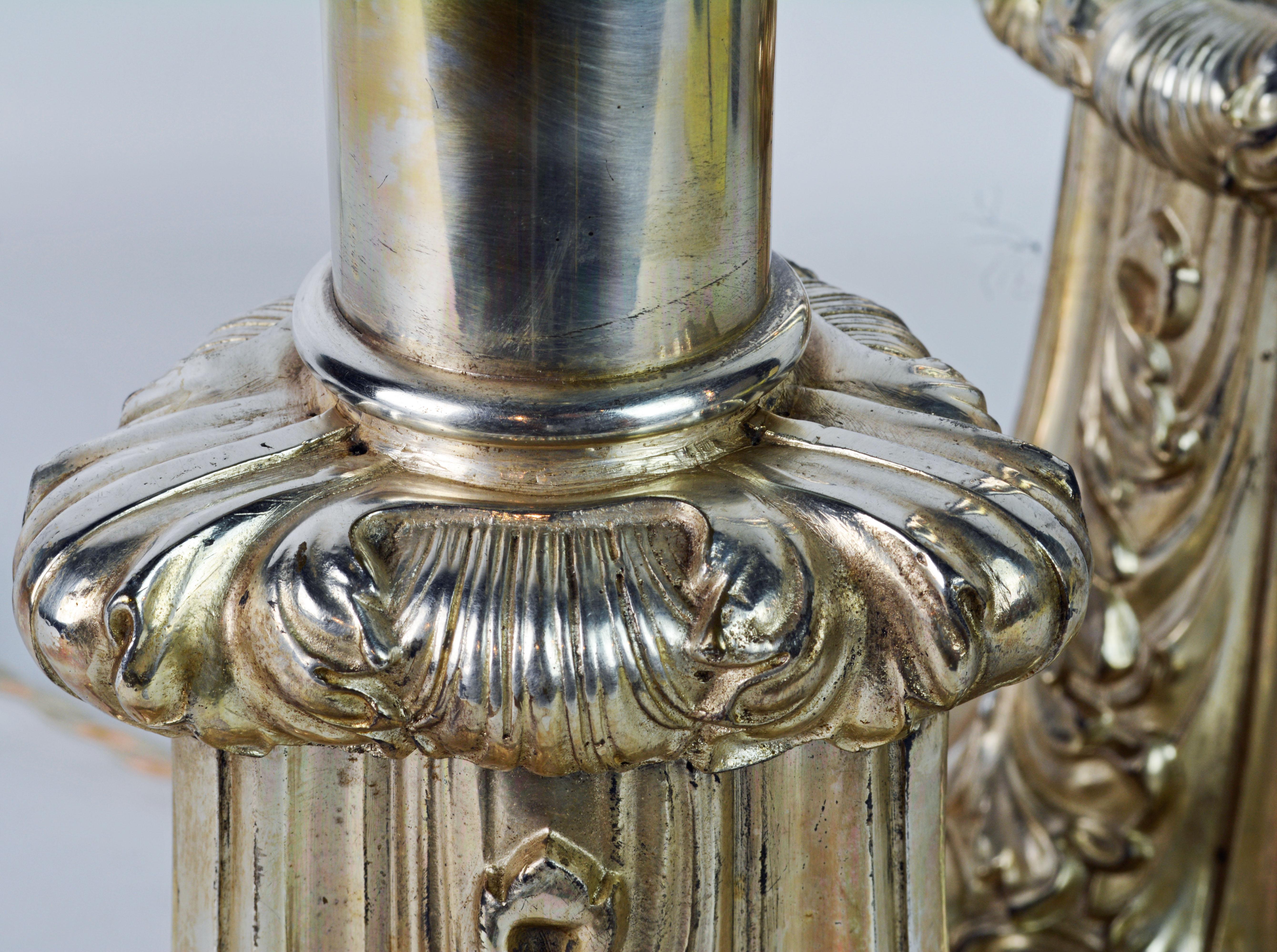 Pair of Tall Early 20th Century English Edwardian Silver Plated Column Lamps 7