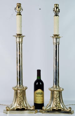 Pair of Tall Early 20th Century English Edwardian Silver Plated Column Lamps