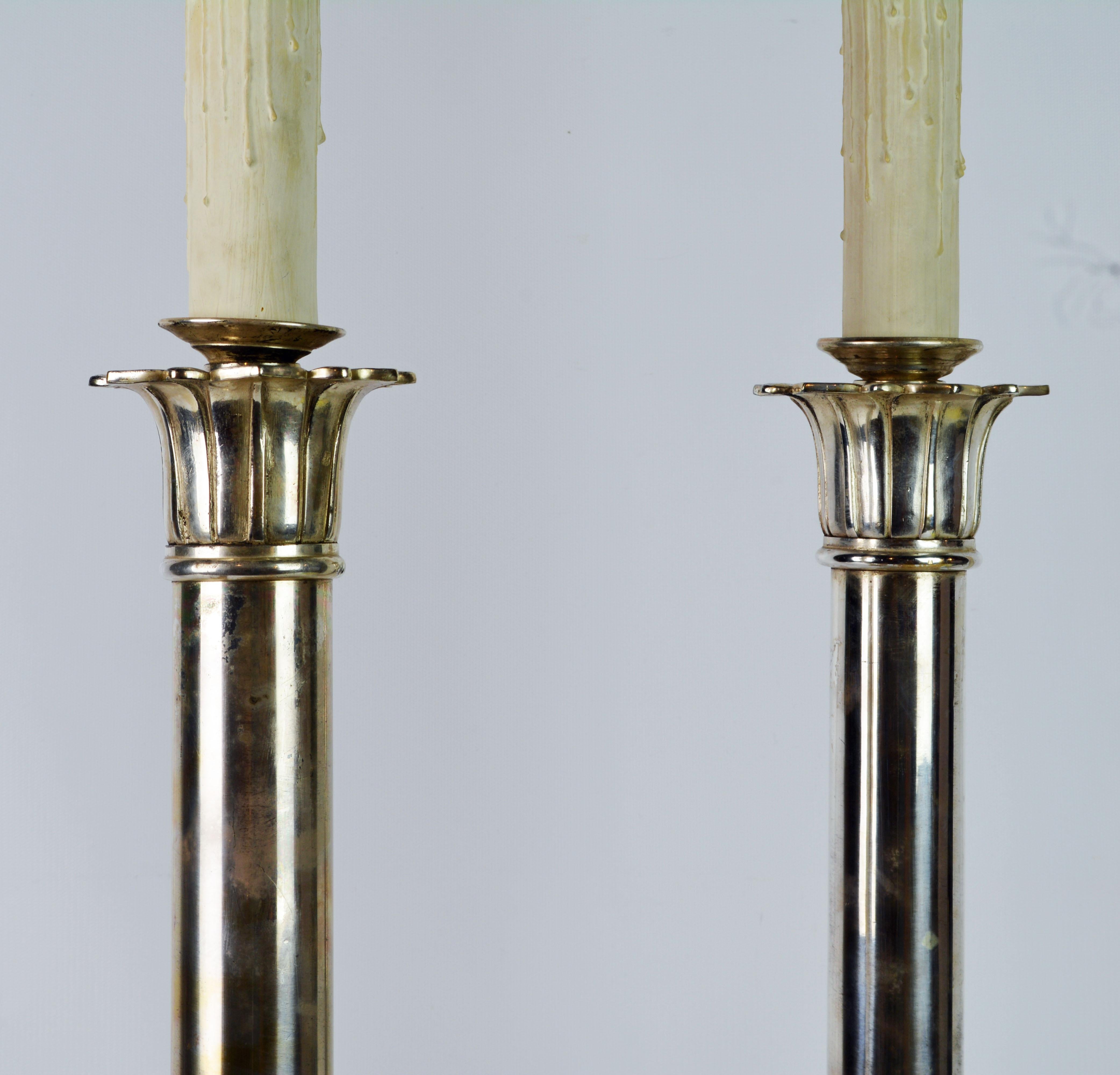 Pair of Tall Early 20th Century English Edwardian Silver Plated Column Lamps 1