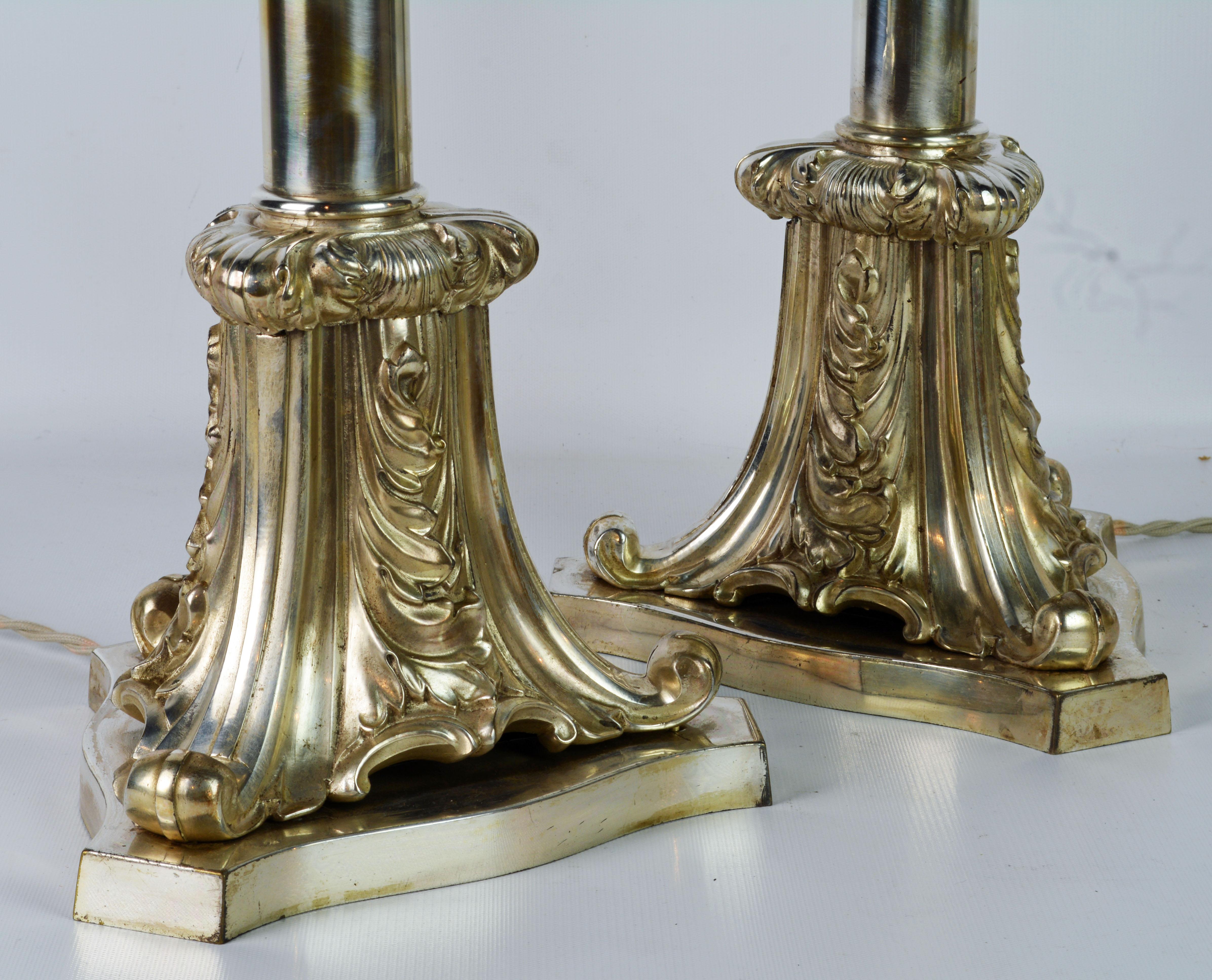 Pair of Tall Early 20th Century English Edwardian Silver Plated Column Lamps 2