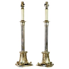 Antique Pair of Tall Early 20th Century English Edwardian Silver Plated Column Lamps