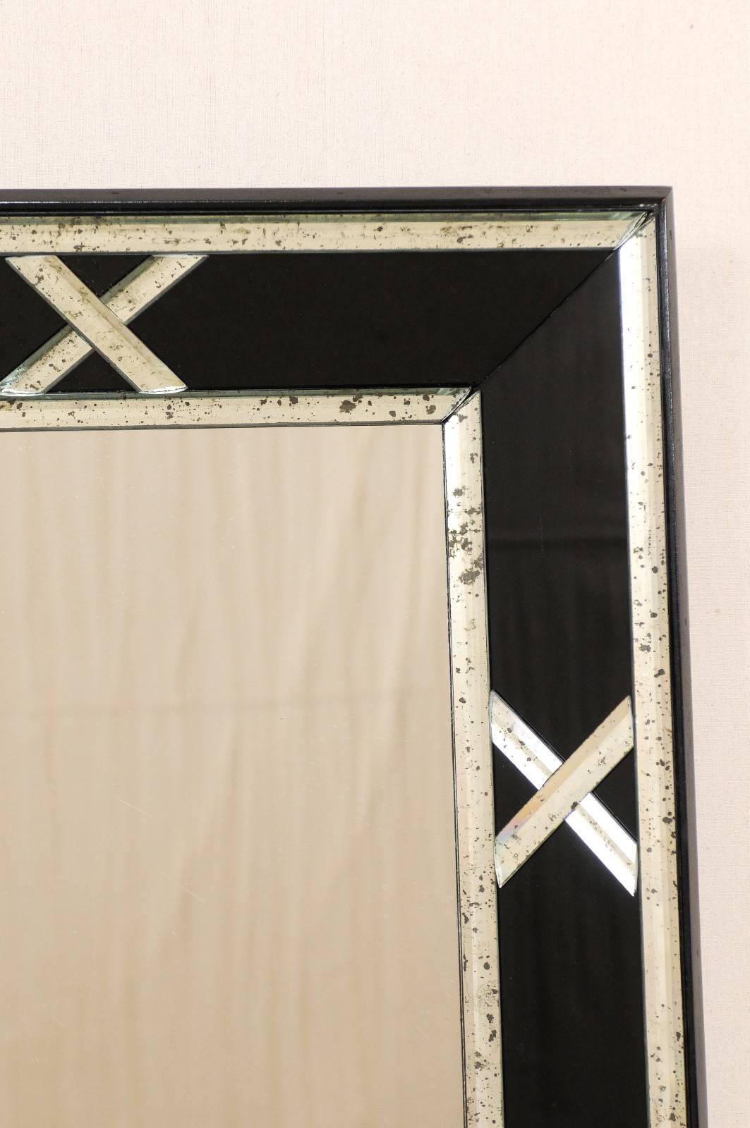 Pair of Tall Silver and Black X-Pattern Vintage Mirrors In Excellent Condition In Atlanta, GA