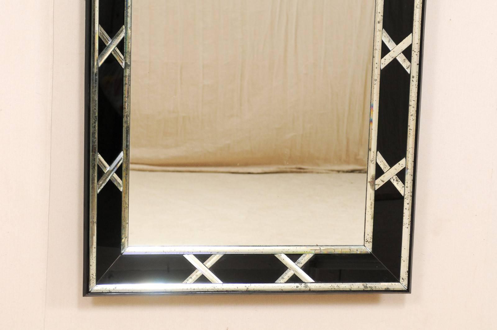 Pair of Tall Silver and Black X-Pattern Vintage Mirrors 1