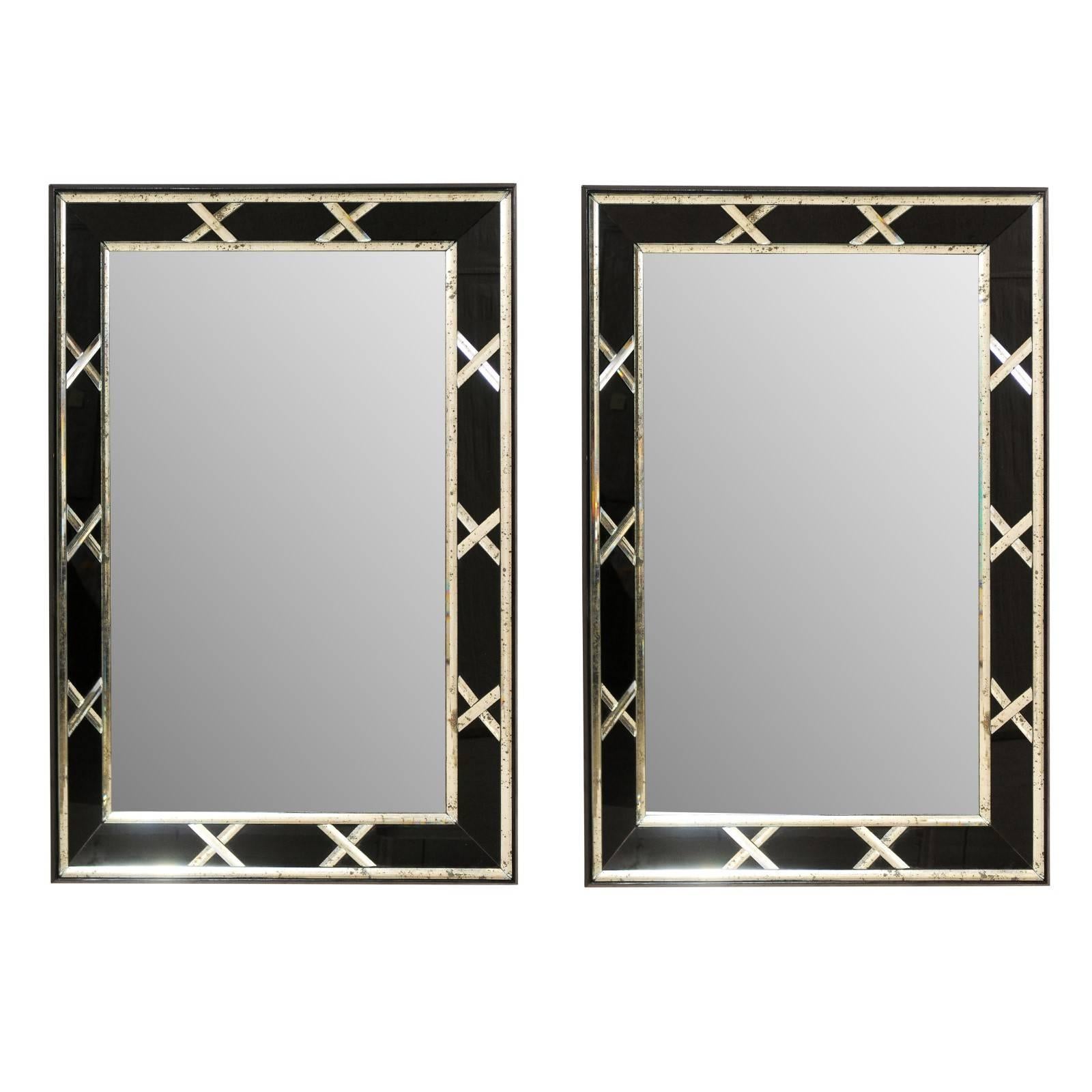 Pair of Tall Silver and Black X-Pattern Vintage Mirrors