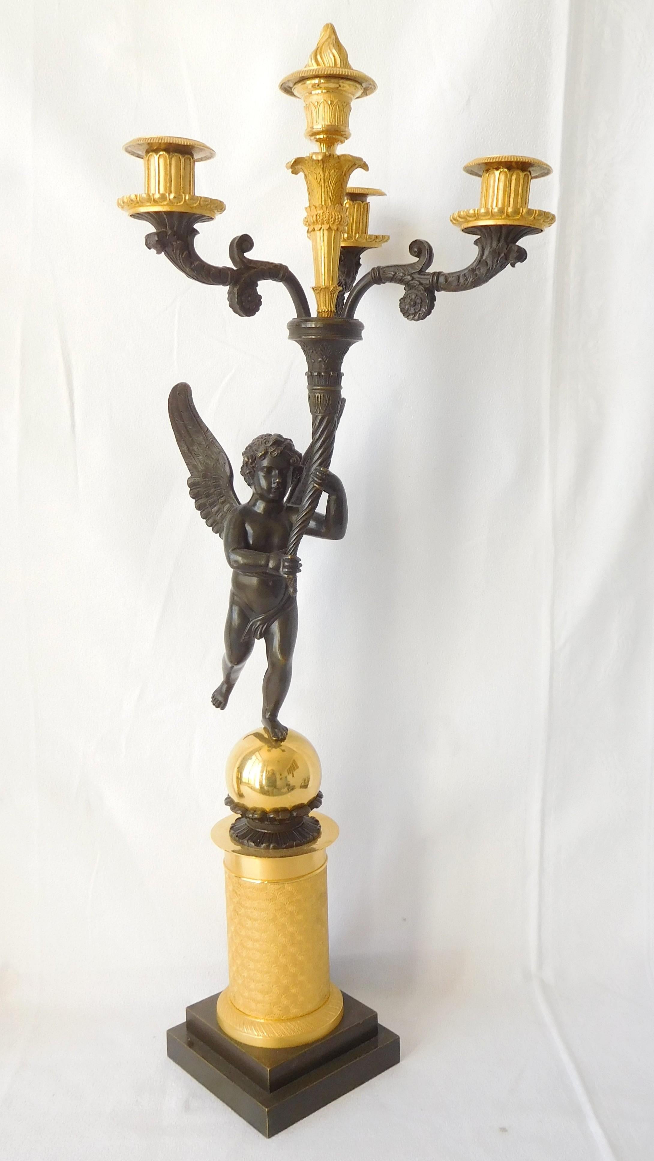 Pair of Tall Empire Ormolu & Bronze Candelabras Attributed to Gerard Jean Galle In Good Condition For Sale In GRENOBLE, FR