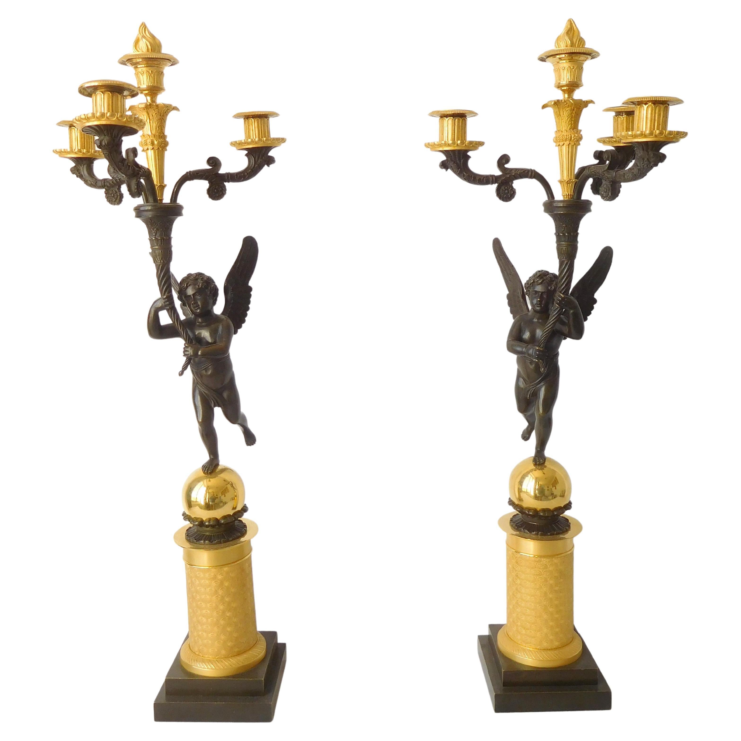 Paire de grands candélabres Empire en bronze et bronze attribuée à Gerard Jean Galle