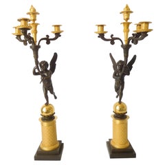 Pair of Tall Empire Ormolu & Bronze Candelabras Attributed to Gerard Jean Galle