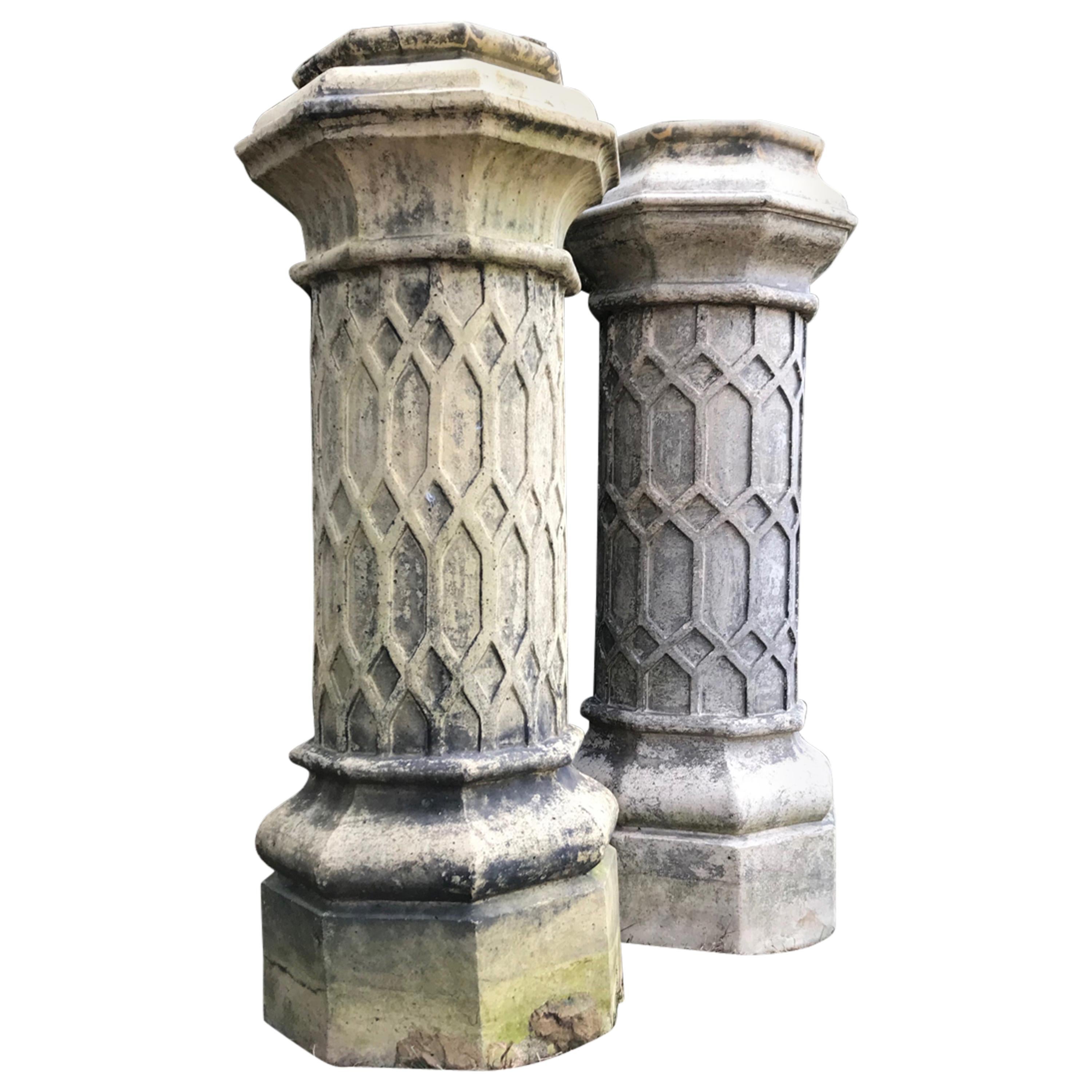 Pair of Tall English 19th Century Decorative Biscuit Terracotta Chimney Pots