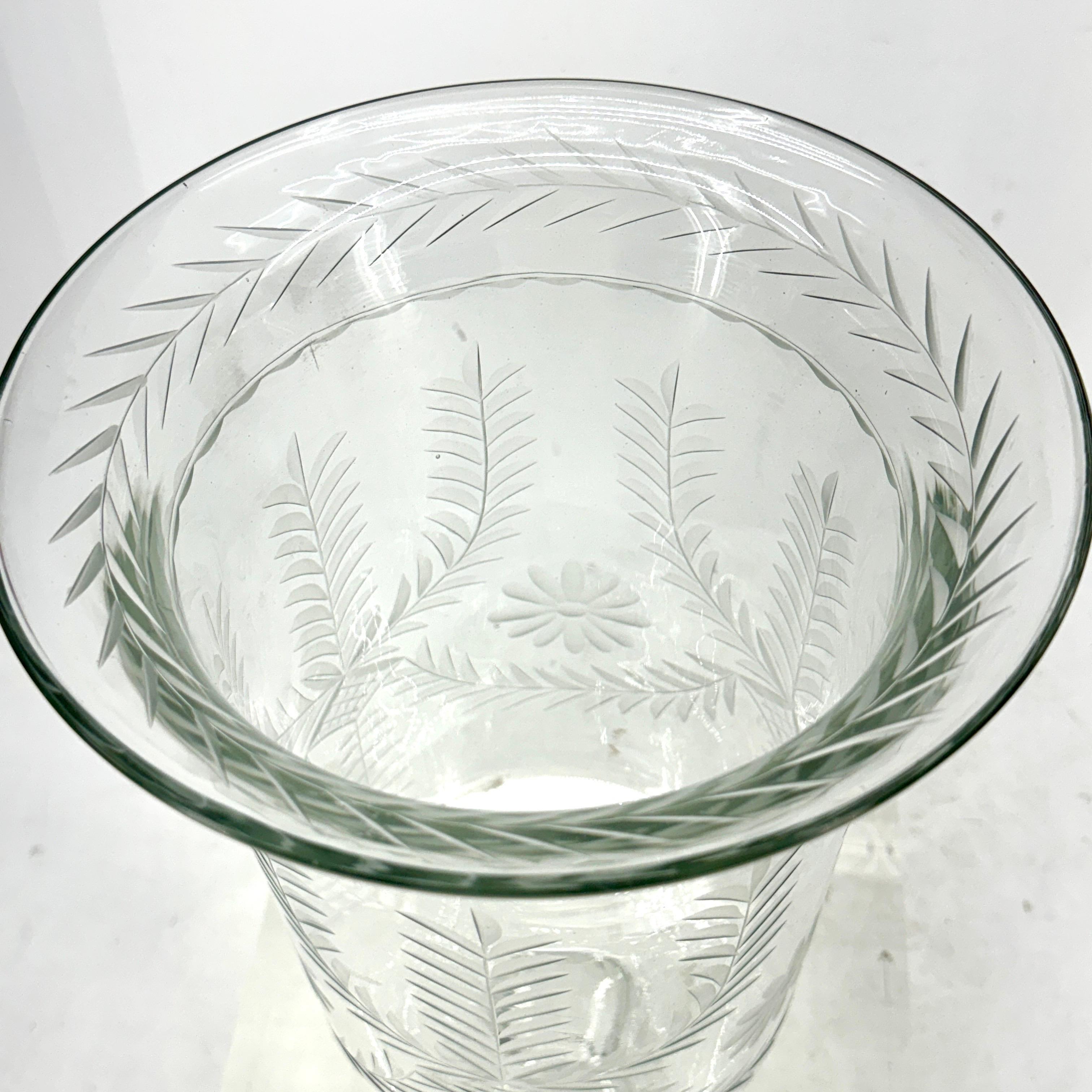Pair of Tall Etched Glass Hurricanes or Candleholders For Sale 4