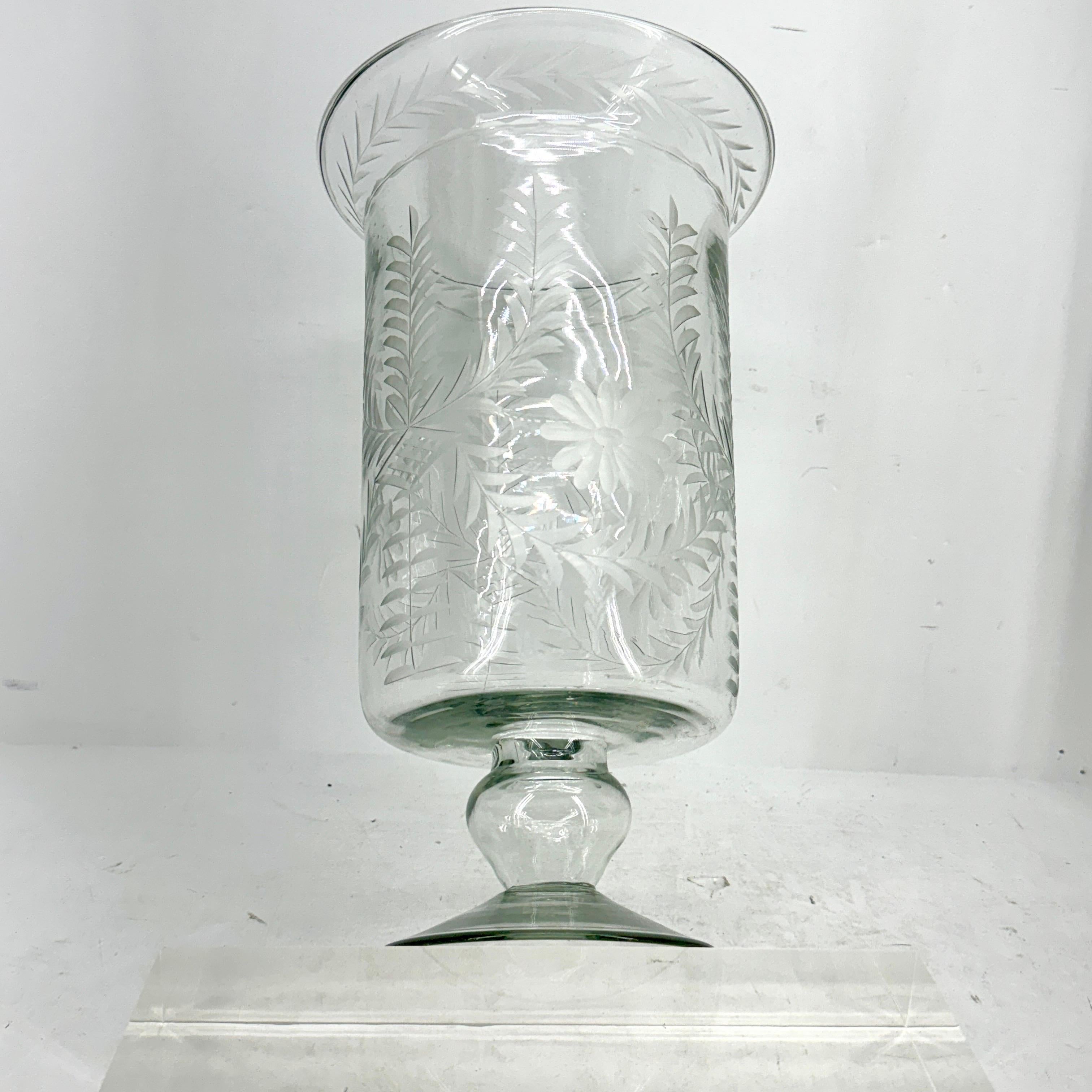 Pair of Tall Etched Glass Hurricanes or Candleholders For Sale 5