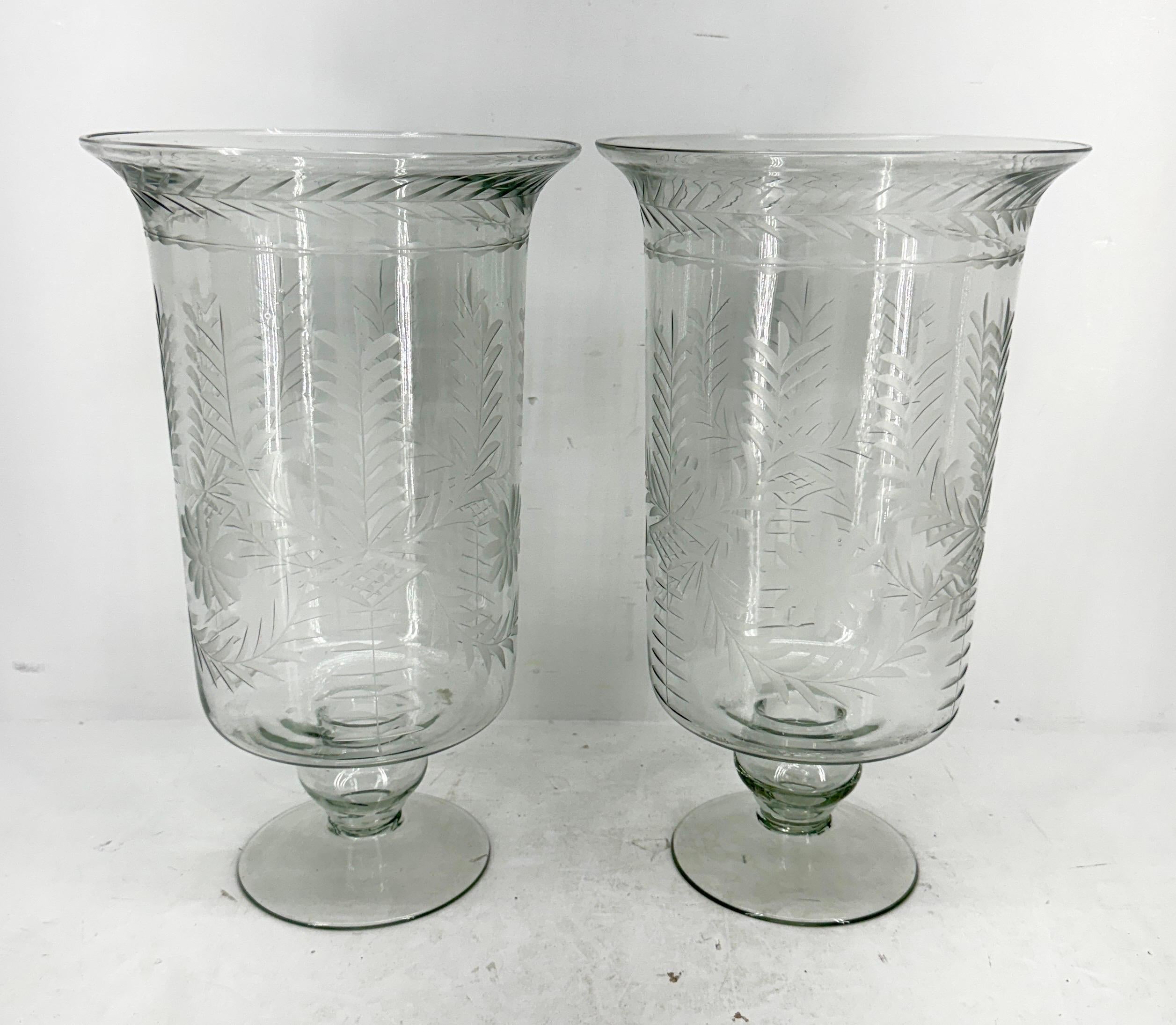 American Pair of Tall Etched Glass Hurricanes or Candleholders For Sale