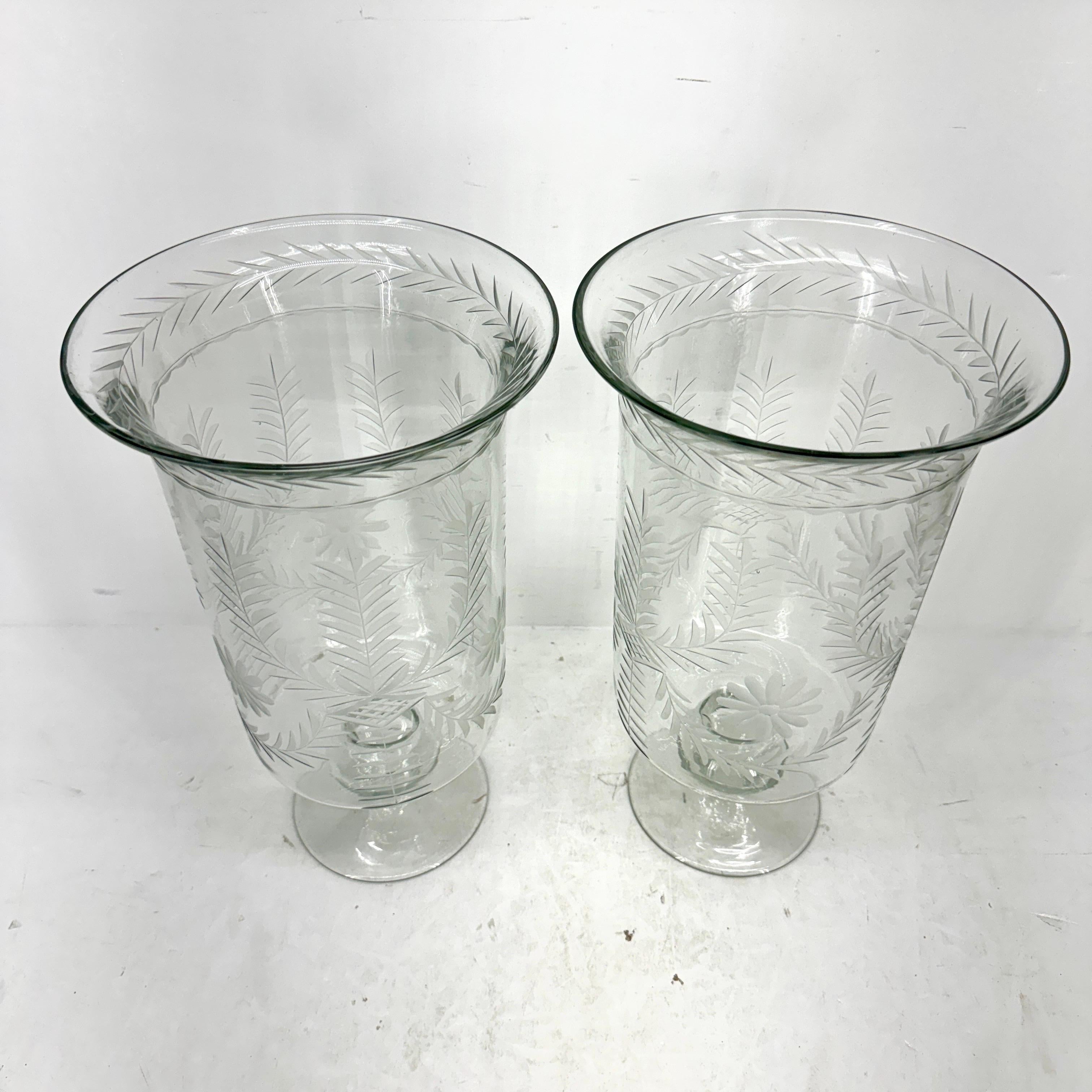 20th Century Pair of Tall Etched Glass Hurricanes or Candleholders For Sale
