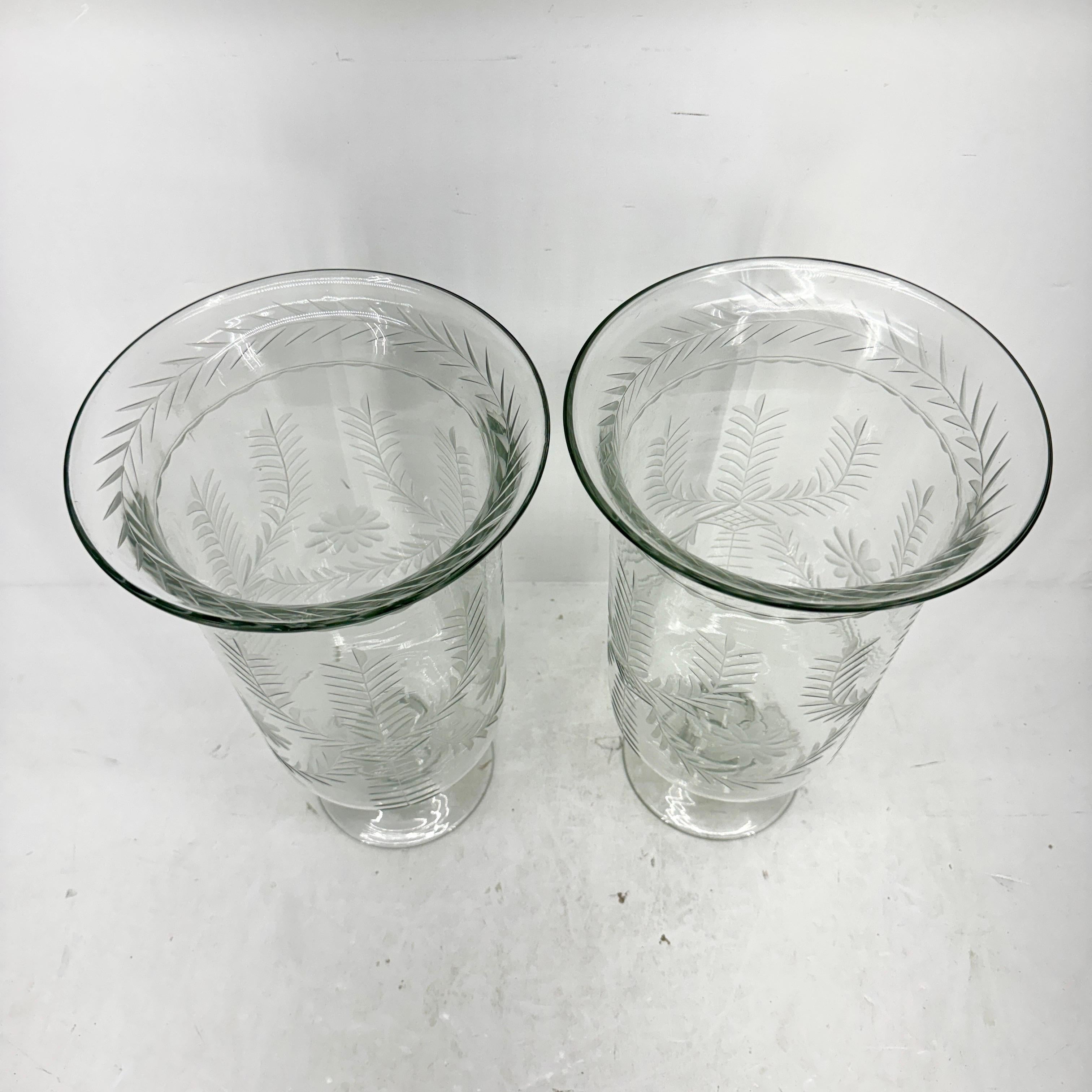 Pair of Tall Etched Glass Hurricanes or Candleholders For Sale 1