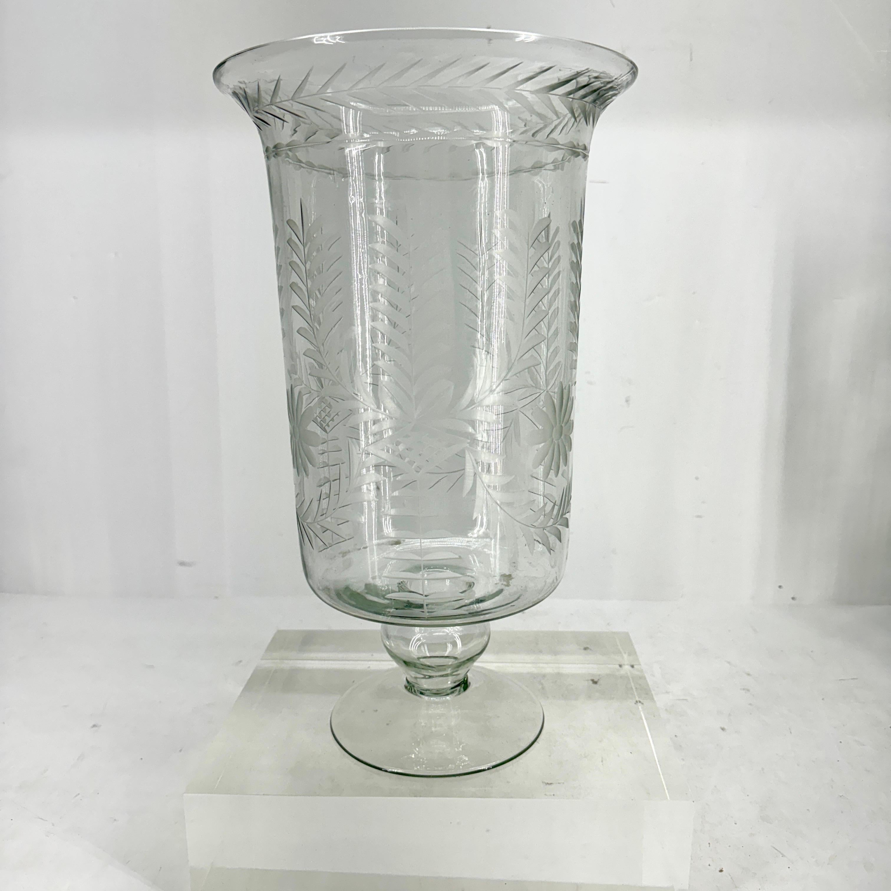 Pair of Tall Etched Glass Hurricanes or Candleholders For Sale 2
