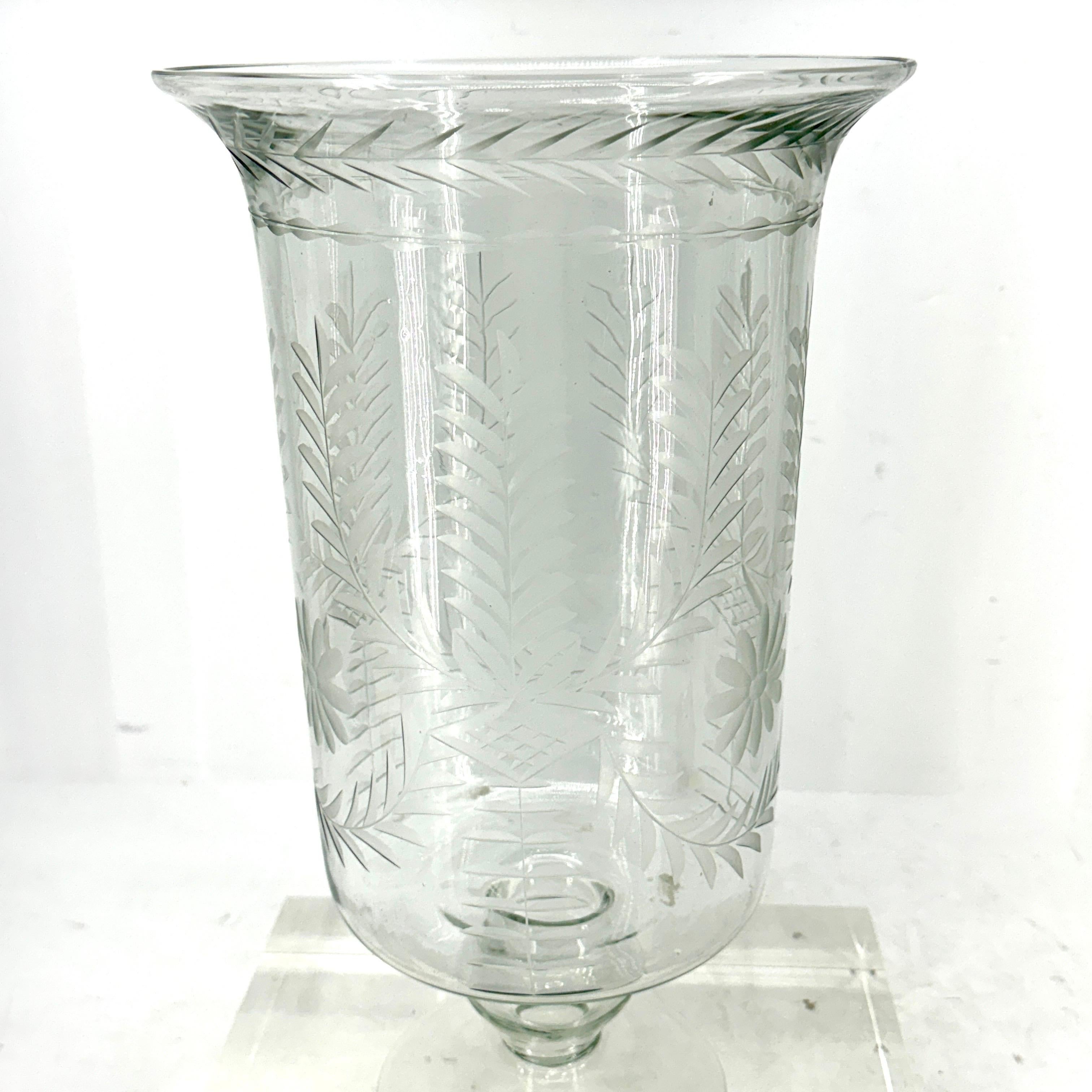 Pair of Tall Etched Glass Hurricanes or Candleholders For Sale 3