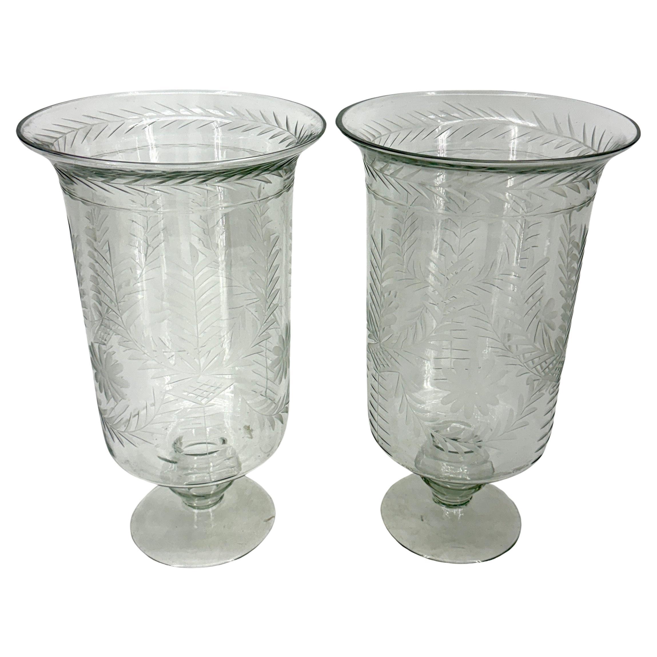 Pair of Tall Etched Glass Hurricanes or Candleholders