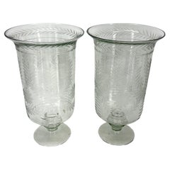 Retro Pair of Tall Etched Glass Hurricanes or Candleholders
