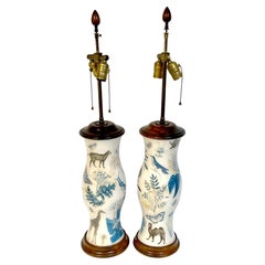 Pair of Tall Exotic Animal Motif English Decoupage Glass Table Lamps