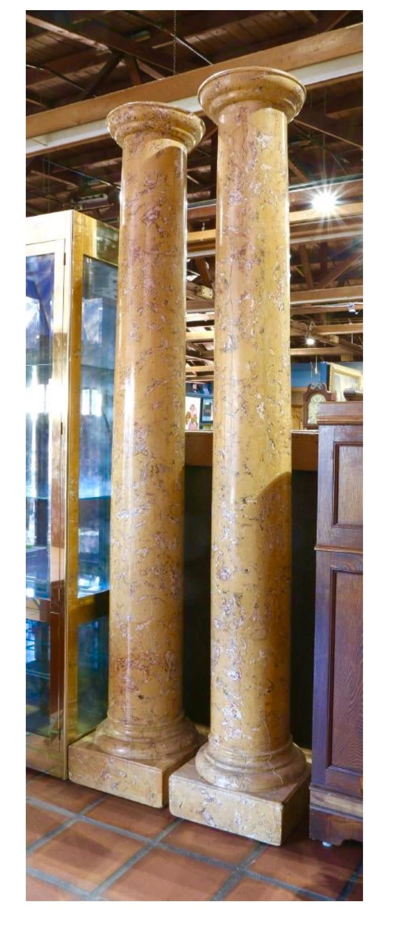 Classical Roman Pair of Tall Faux Sienna Marble Tuscan Style Columns For Sale