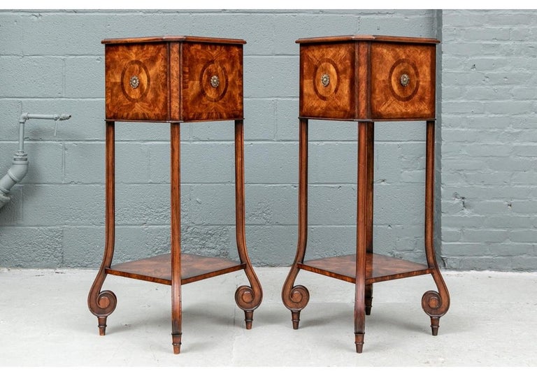 Finely crafted planters in figured mahogany, the square bins with carved canted corners and removable metal liners. The sides with inlaid circles mounted with decorative brass rosettes. Raised on tall carved legs with scrolled and peg feet. With a