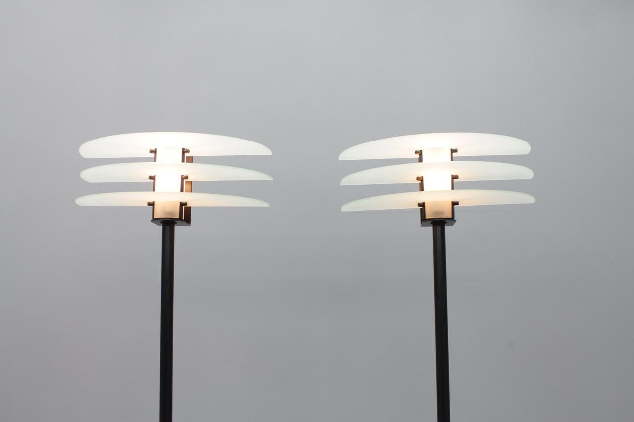 Modern Pair of Tall Floor Lamps with Black Marble Base, Metal and Glass, Italy, 1990s