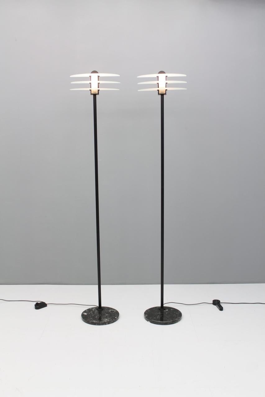 Pair of Tall Floor Lamps with Black Marble Base, Metal and Glass, Italy, 1990s 1