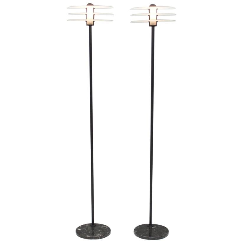 Pair of Tall Floor Lamps with Black Marble Base, Metal and Glass, Italy, 1990s