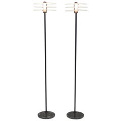 Pair of Tall Floor Lamps with Black Marble Base, Metal and Glass, Italy, 1990s