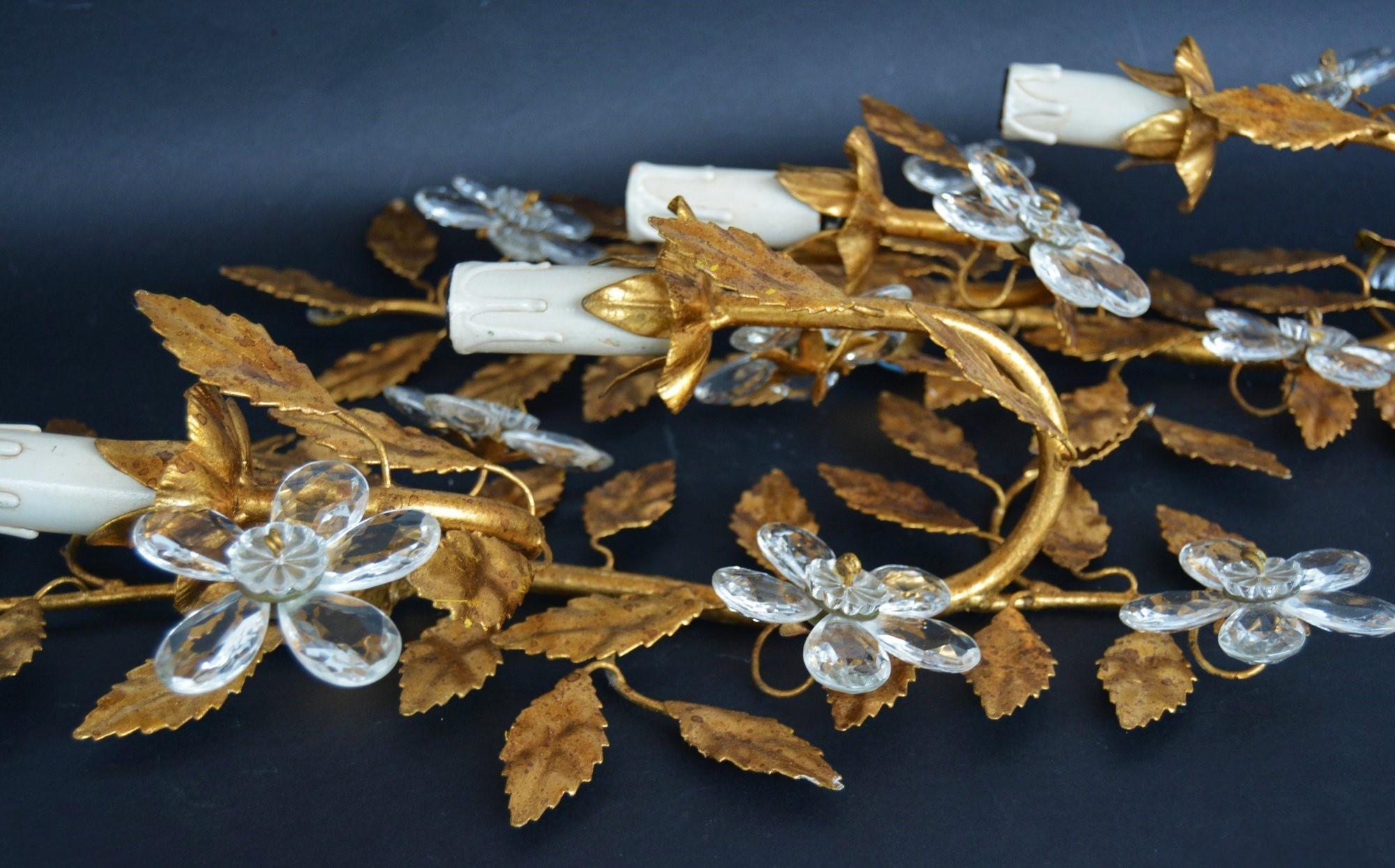 Pair of 1950s Tall Gold Leaf Iron Clear Crystal Wall Sconces Maison Baguès Style 3