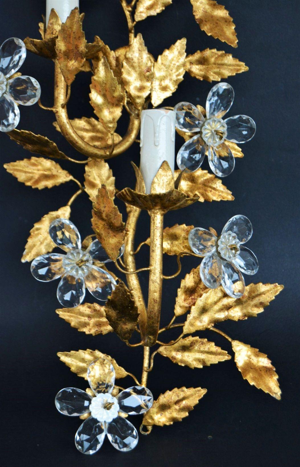 Gilt Pair of 1950s Tall Gold Leaf Iron Clear Crystal Wall Sconces Maison Baguès Style