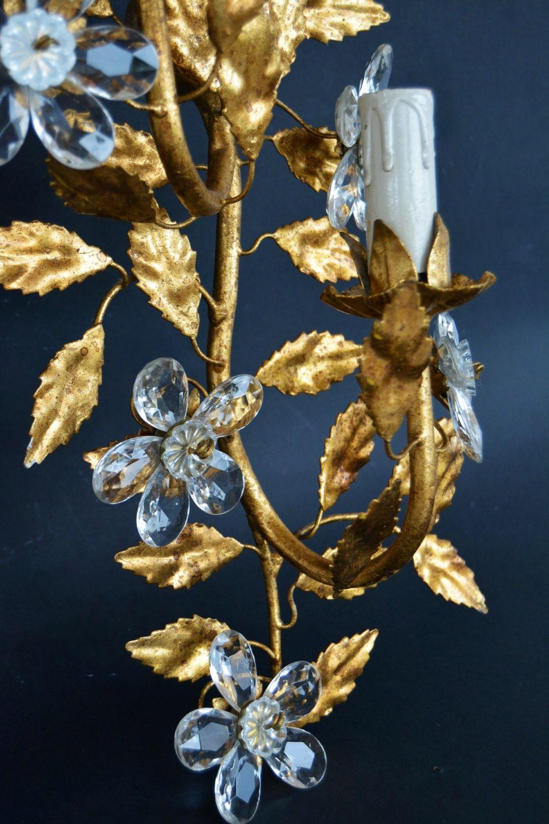 Pair of 1950s Tall Gold Leaf Iron Clear Crystal Wall Sconces Maison Baguès Style In Good Condition In Frankfurt am Main, DE