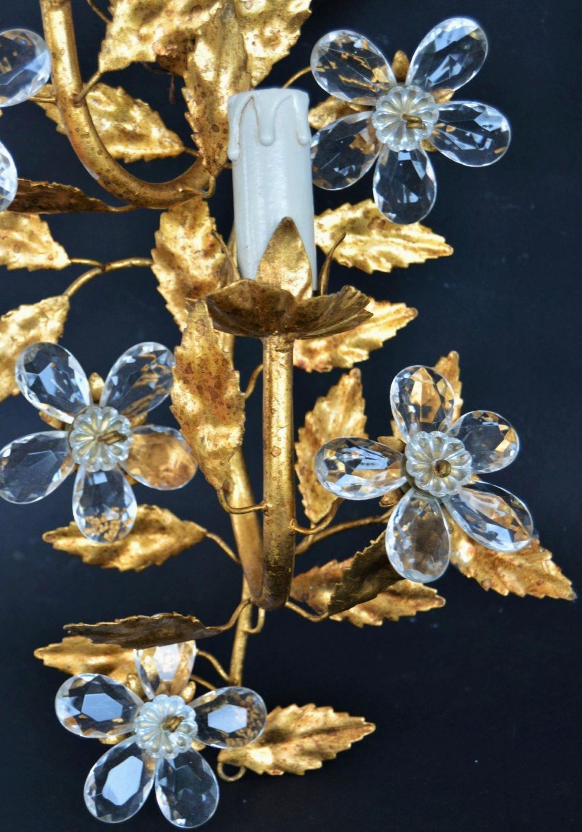 20th Century Pair of 1950s Tall Gold Leaf Iron Clear Crystal Wall Sconces Maison Baguès Style