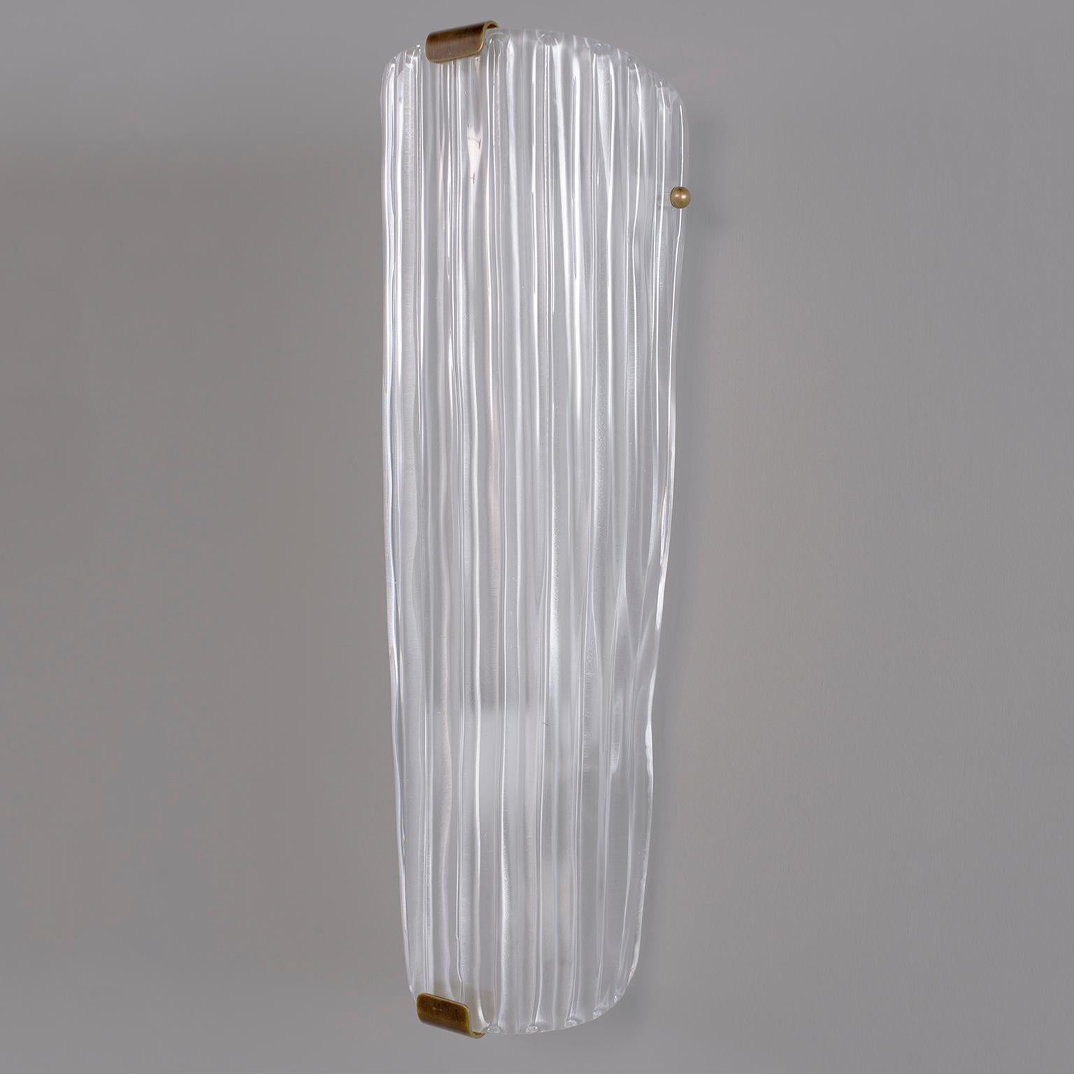 Mid-Century Modern Pair of Tall Fluted White Murano Glass Sconces