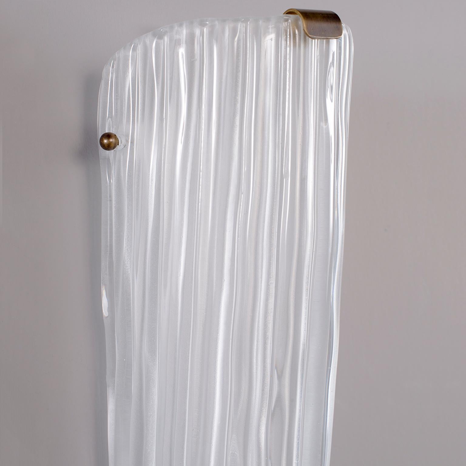 Pair of Tall Fluted White Murano Glass Sconces In Excellent Condition In Troy, MI