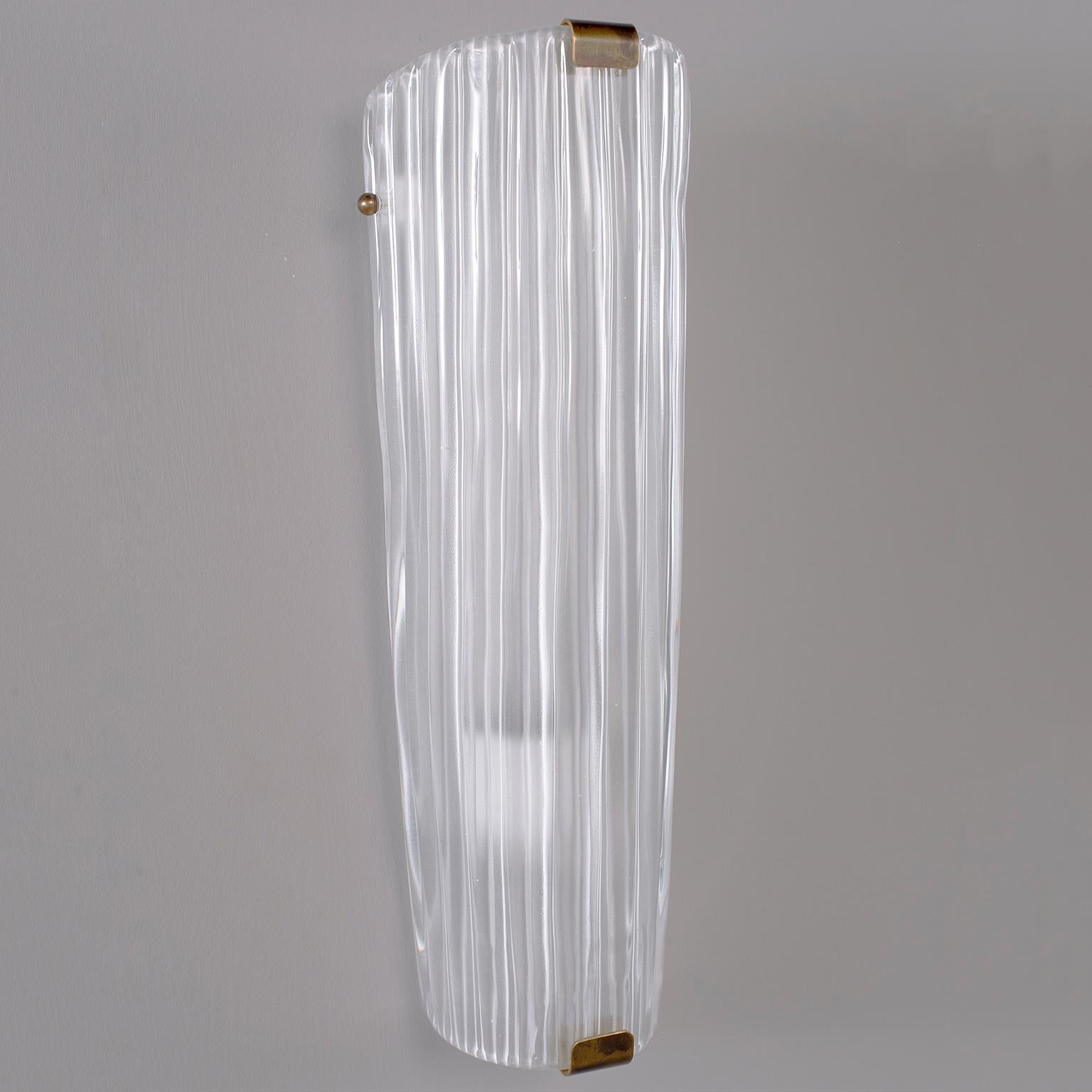 Brass Pair of Tall Fluted White Murano Glass Sconces